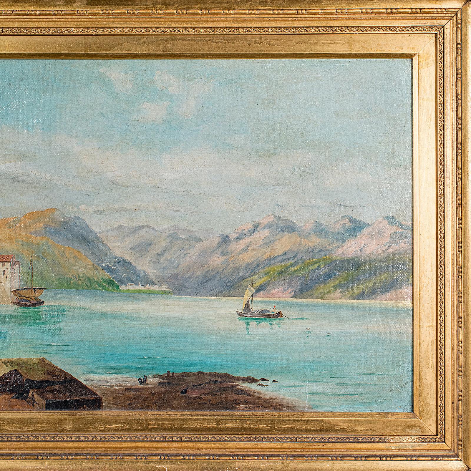 Pintura antigua Paisaje lacustre, Continental School, Óleo, Cuadro, Victorian siglo XIX en venta