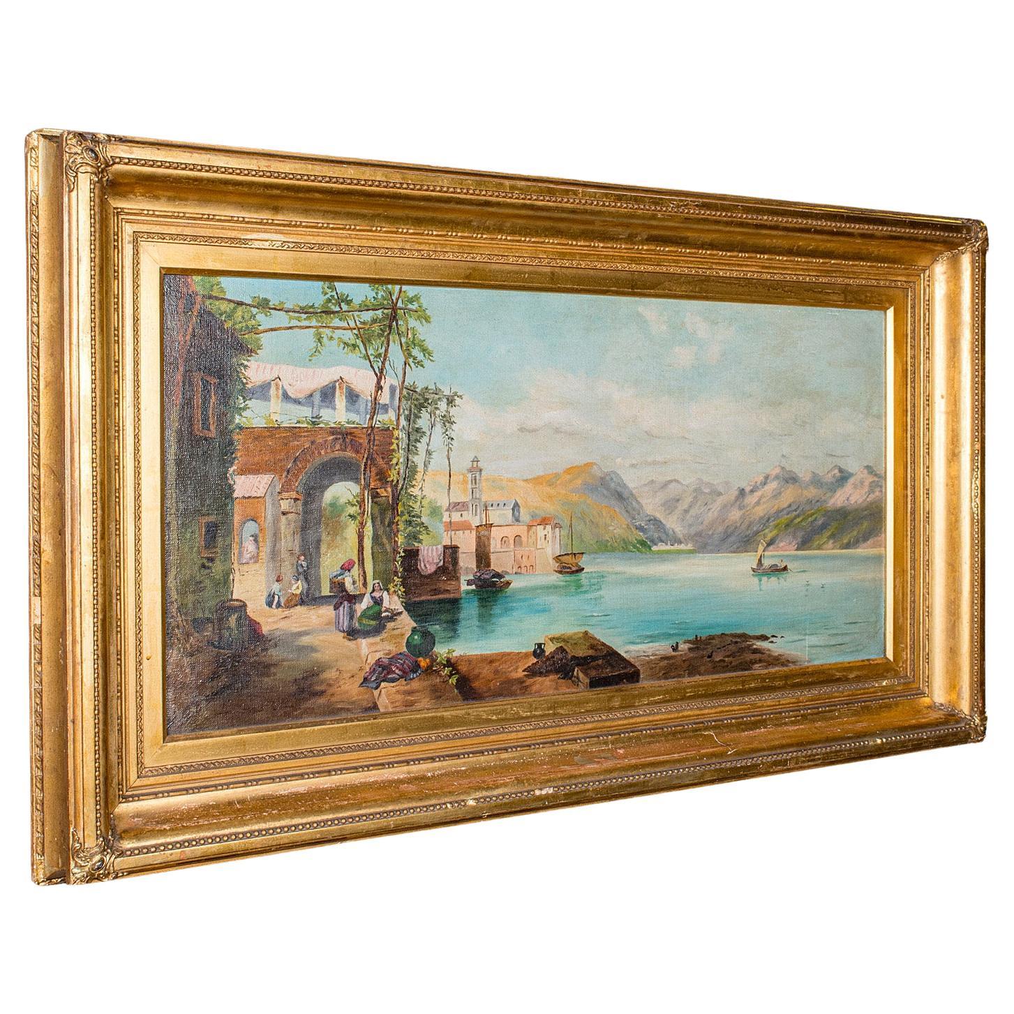 Antique Lakeside Landscape Painting, Continental School, Oil, Picture, Victorian