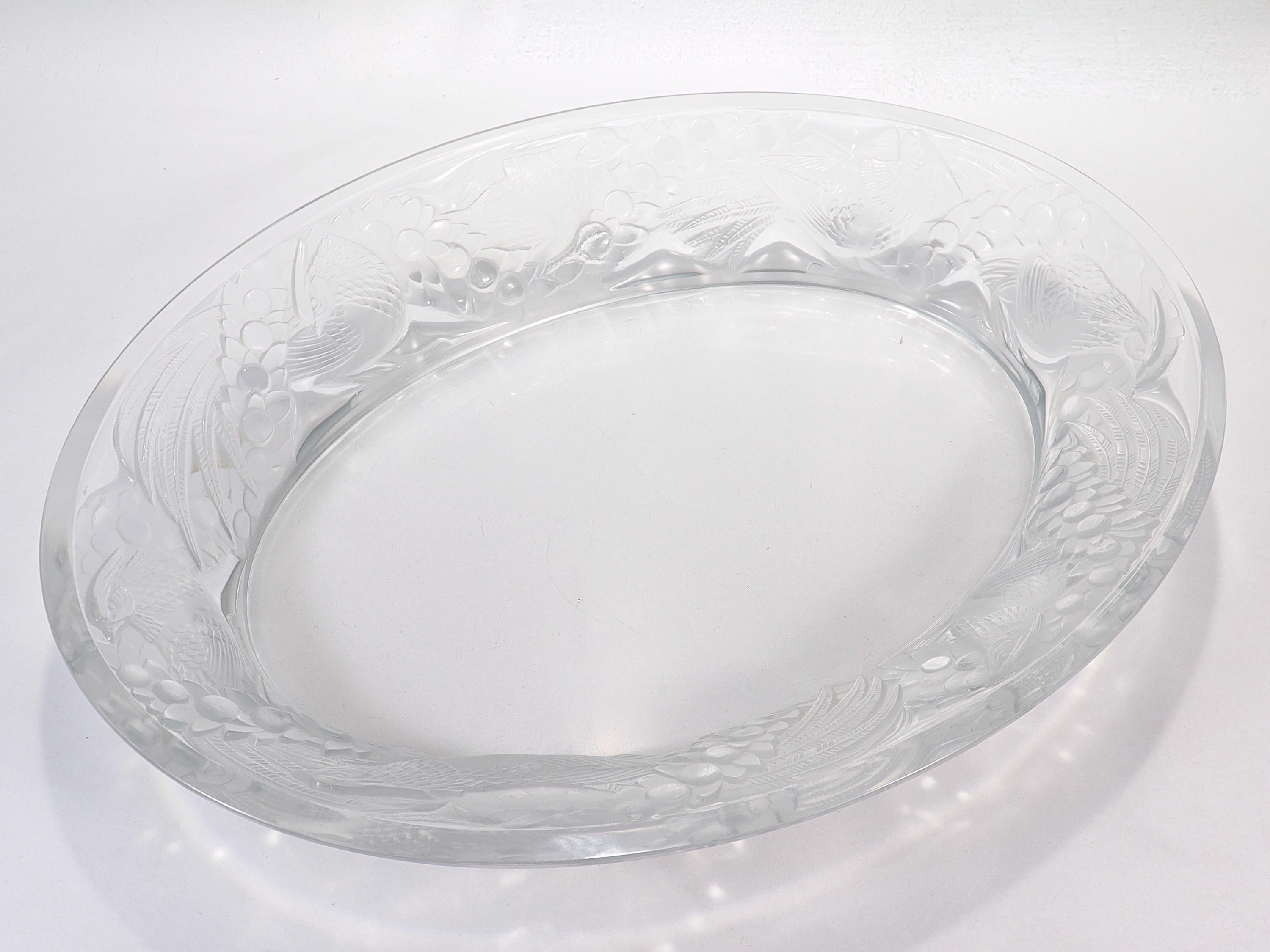 Art Deco Antique Lalique Art Glass 'Faisans' Oval Bowl with Wide Rim Decor For Sale