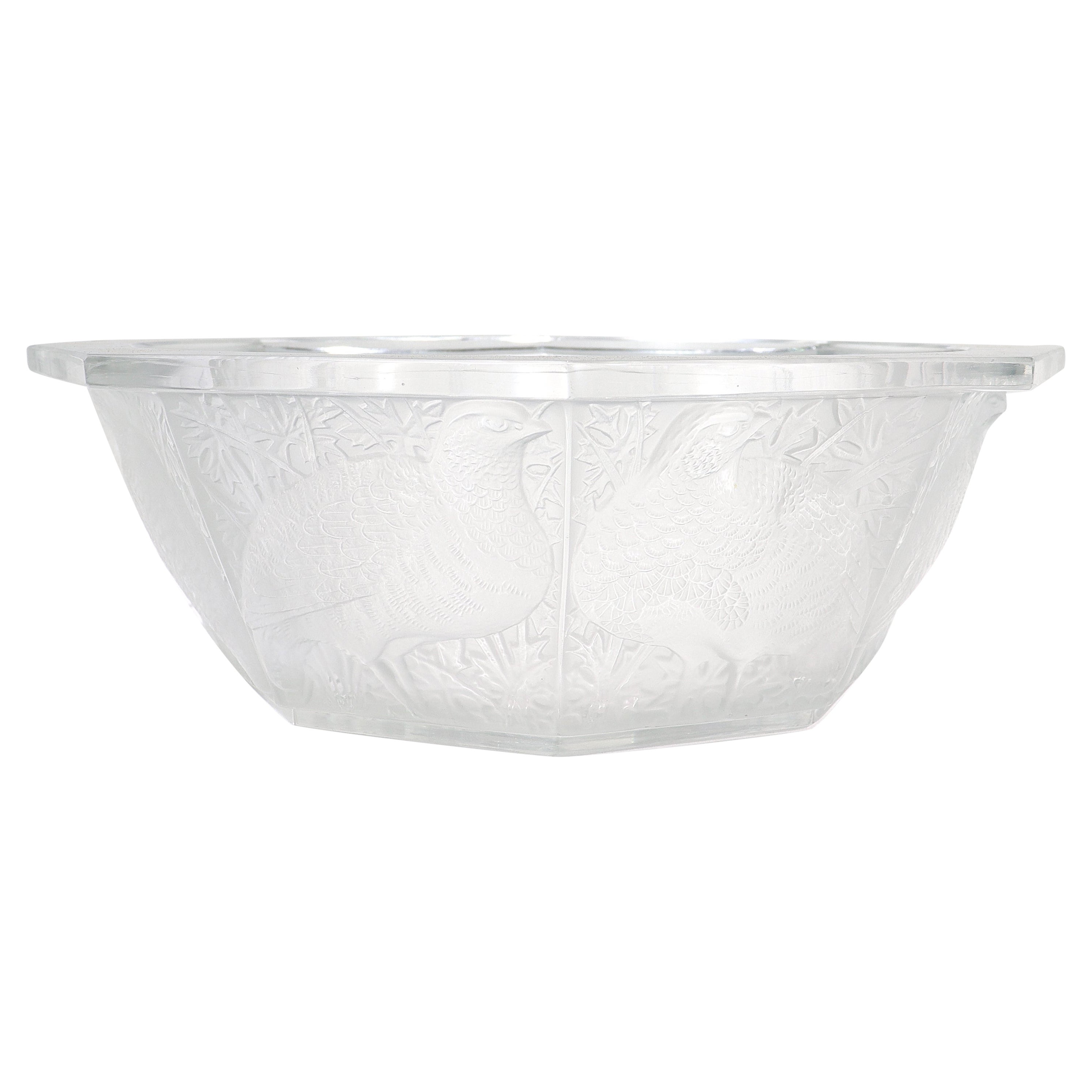 Antique Lalique French Art Glass "Caille" Frosted Octagonal Bowl
