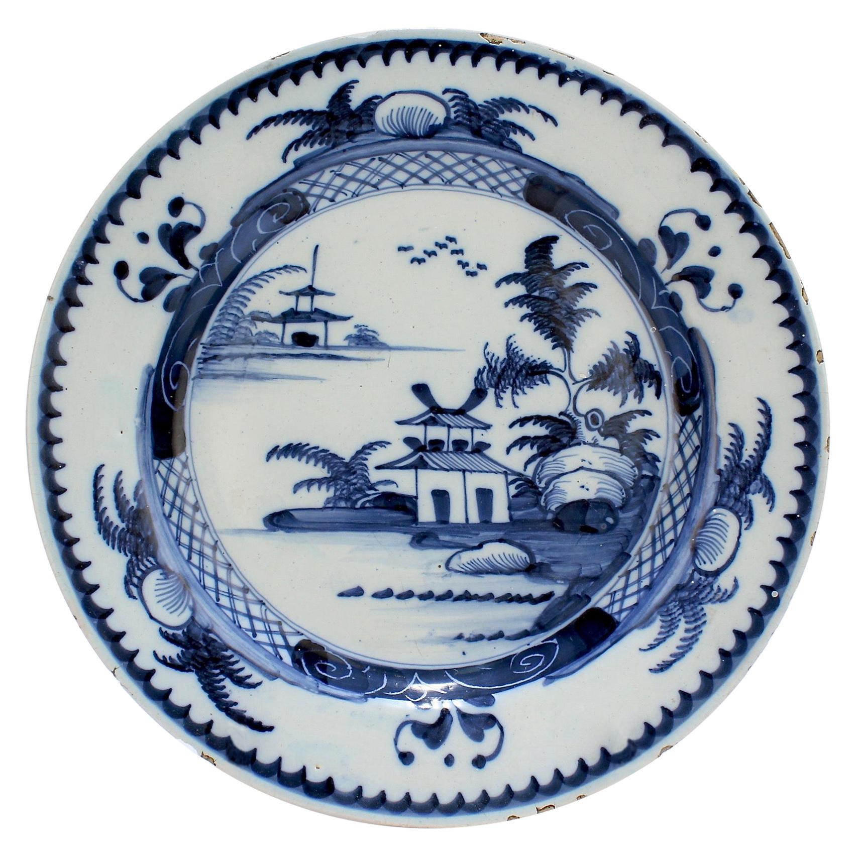 Antique Lambeth 18th Century English Delft Pottery Plate with Chinese Decoration For Sale