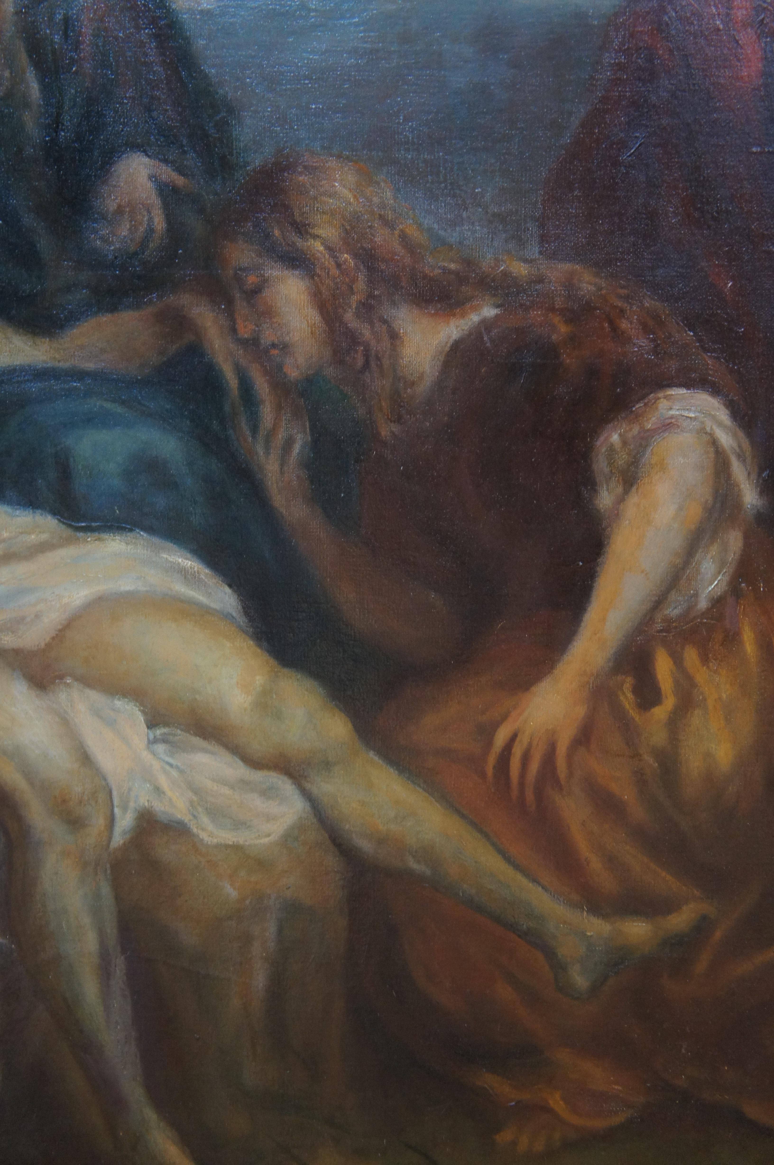 Peinture à l'huile ancienne du 19ème siècle « Lamentation du Christ » d'après Anthony Van Dyck, 45 po. en vente 6