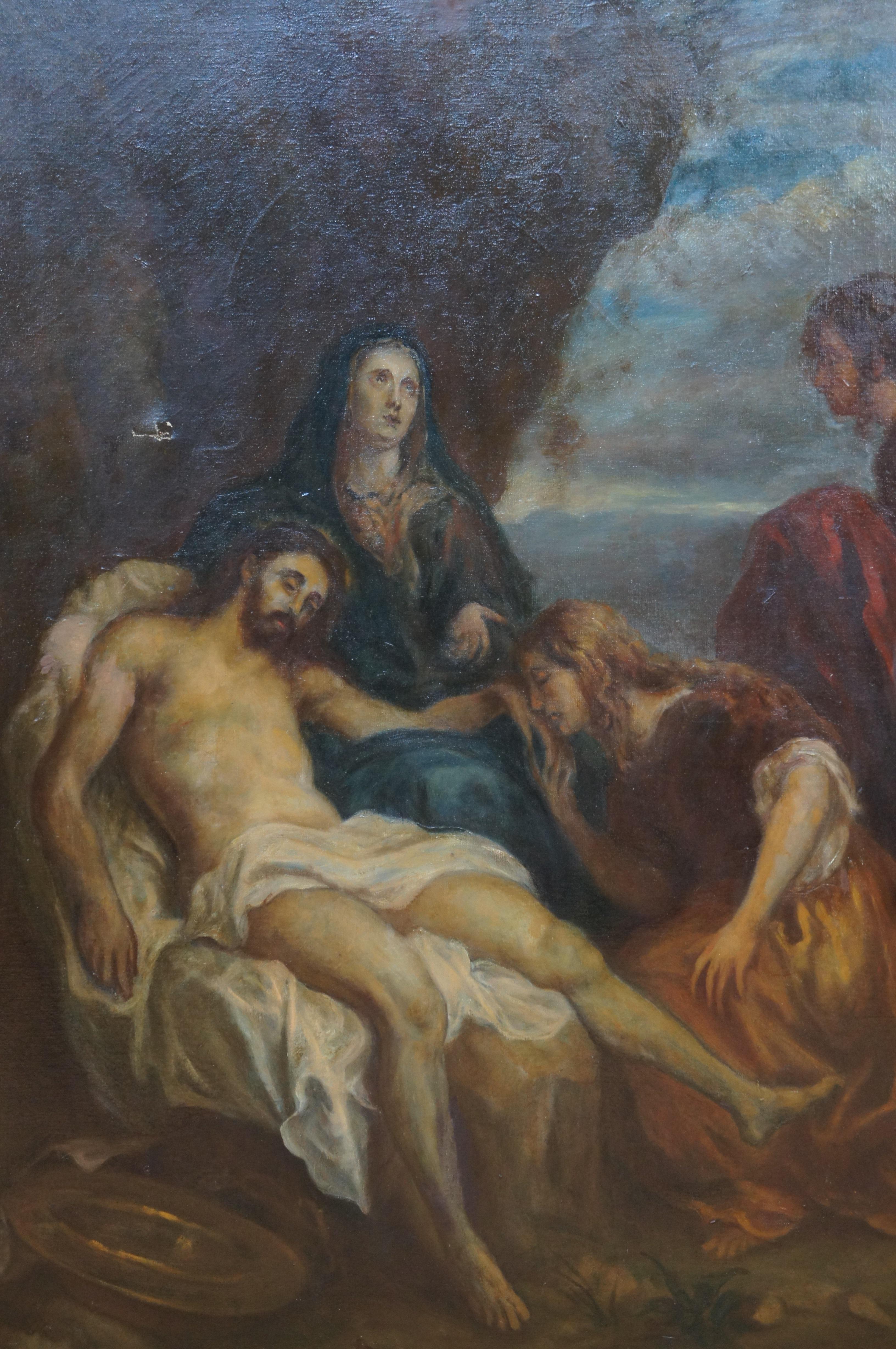 Peinture à l'huile ancienne du 19ème siècle « Lamentation du Christ » d'après Anthony Van Dyck, 45 po. Bon état - En vente à Dayton, OH