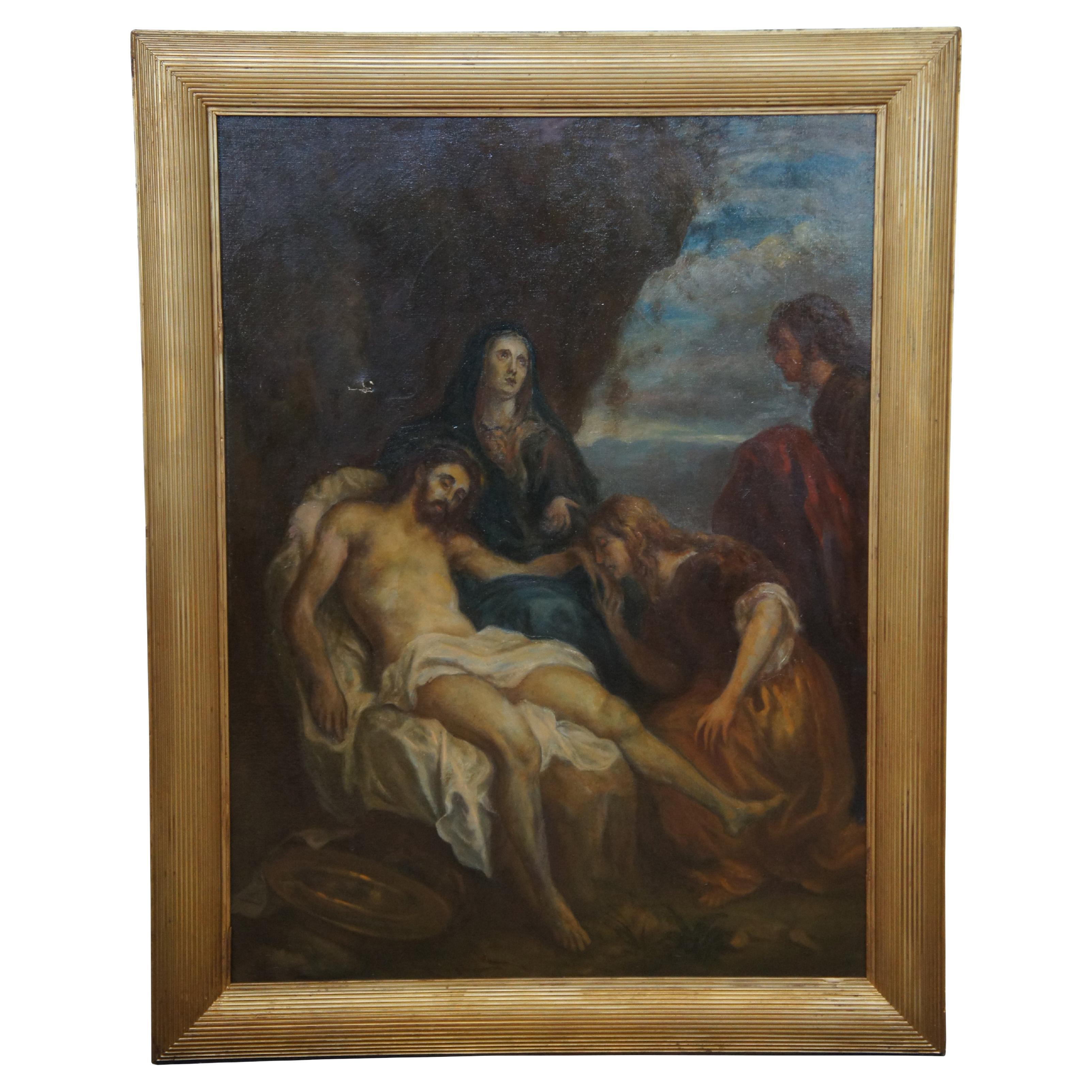 Peinture à l'huile ancienne du 19ème siècle « Lamentation du Christ » d'après Anthony Van Dyck, 45 po.