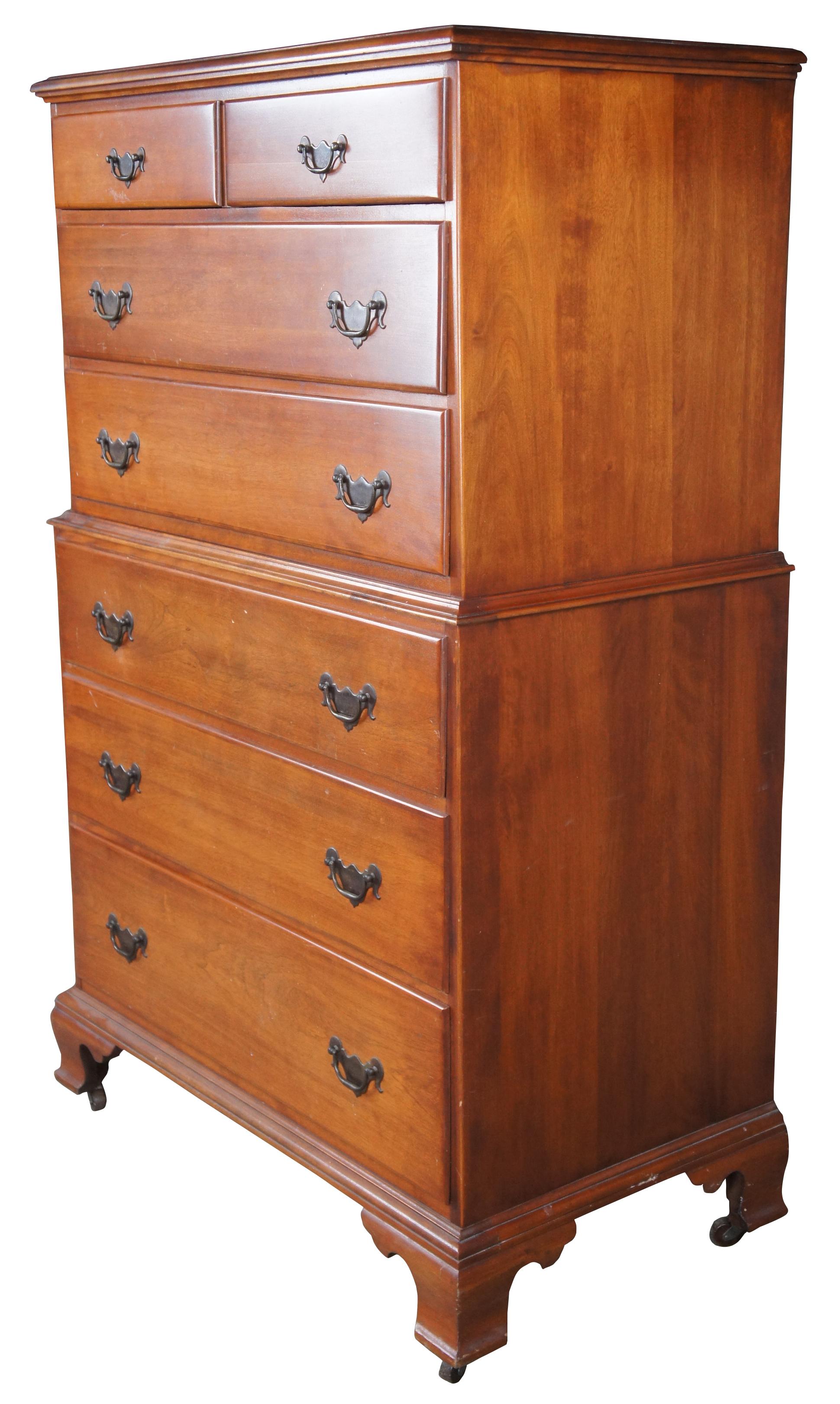 Antique Lammerts Furniture tallboy chest of drawers or dresser. Made of maple featuring seven drawers with Chippendale styling, brass hardware and bracket feet with castors.

Lammerts, Furnishings of Character, Saint Louis. The Lammert Furniture