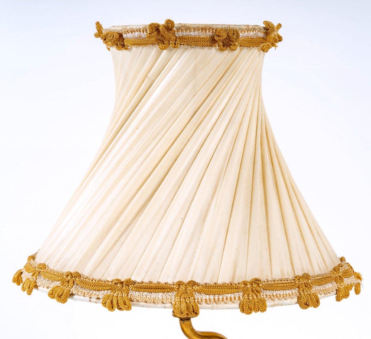 Art Nouveau Antique Lamp, Bronze and Enamelled Chinese Porcelain Parakeet Period: 20th C. For Sale