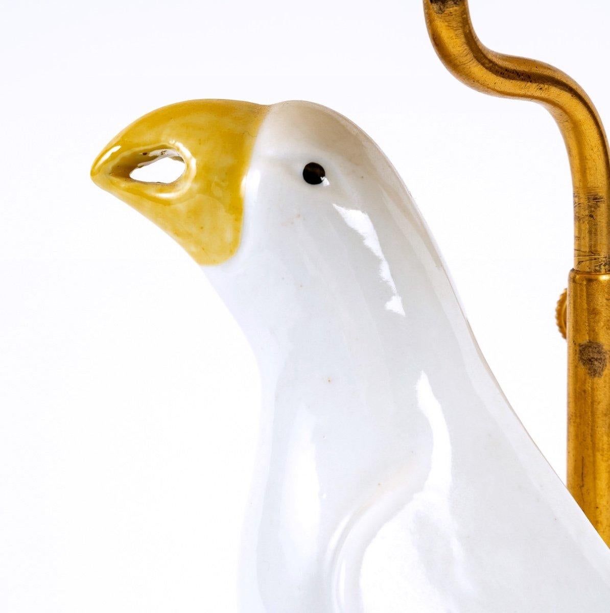 Enameled Antique Lamp, Bronze and Enamelled Chinese Porcelain Parakeet Period: 20th C. For Sale