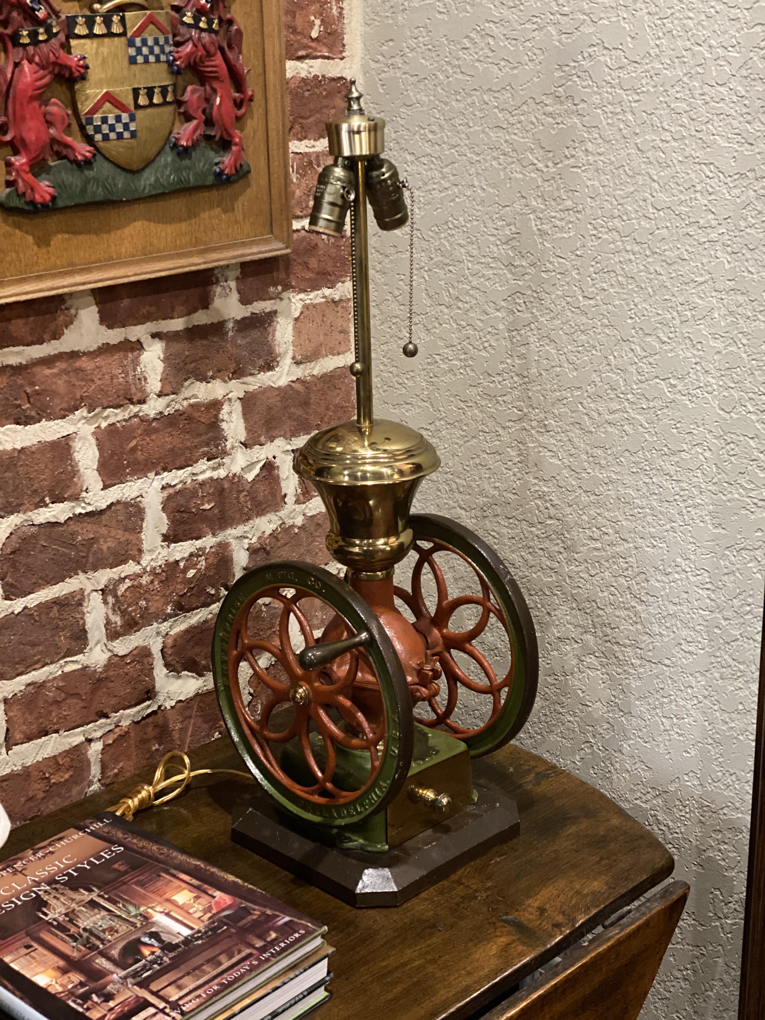 Brass Antique Lamp Iron Coffee Grinder Enterprise Mfg Philadelphia PA Rewired 1 of 2 For Sale