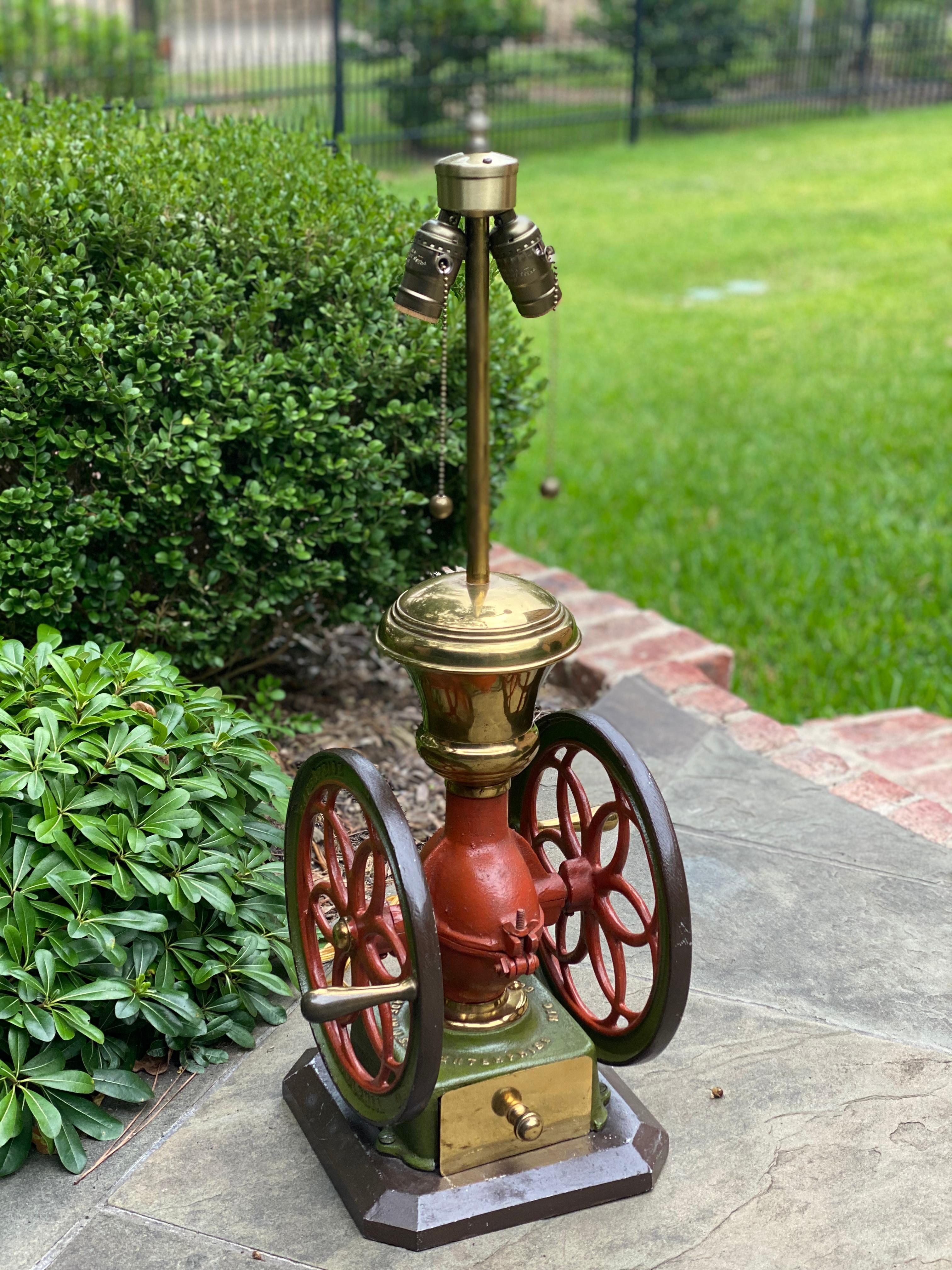 North American Antique Lamp Iron Coffee Grinder Enterprise Mfg Philadelphia PA Rewired 1 of 2 For Sale