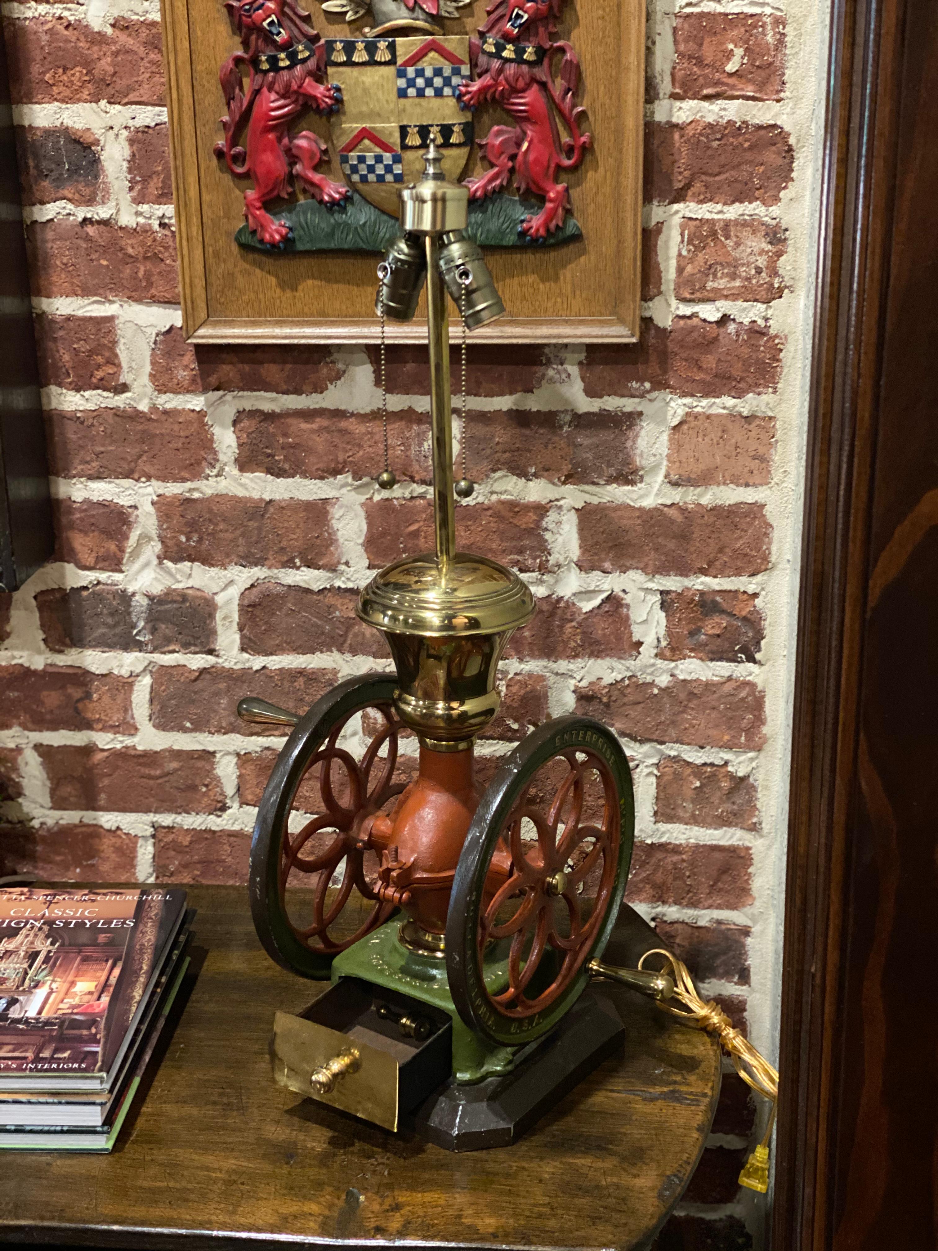 Antique Lamp Iron Coffee Grinder Enterprise Mfg Philadelphia PA Rewired 1 of 2 In Good Condition For Sale In Tyler, TX