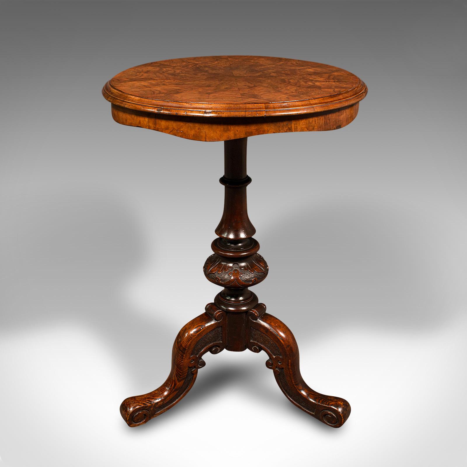 This is an antique lamp table. An English, burr walnut rotary top decorative occasional table, dating to the early Victorian period, circa 1840.

Accentuate any room with this striking circular table
Displays a desirable aged patina and in superb