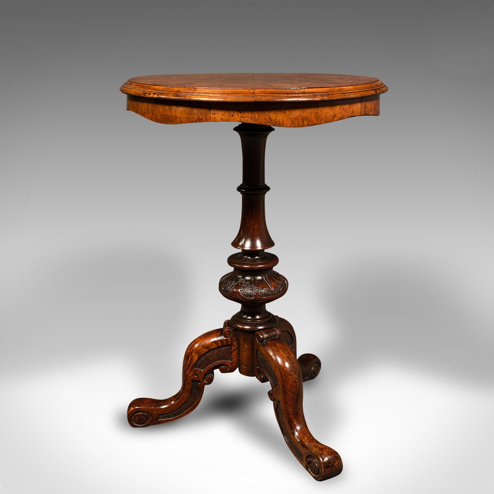 British Antique Lamp Table, English Burr Walnut, Decorative, Occasional, Early Victorian For Sale