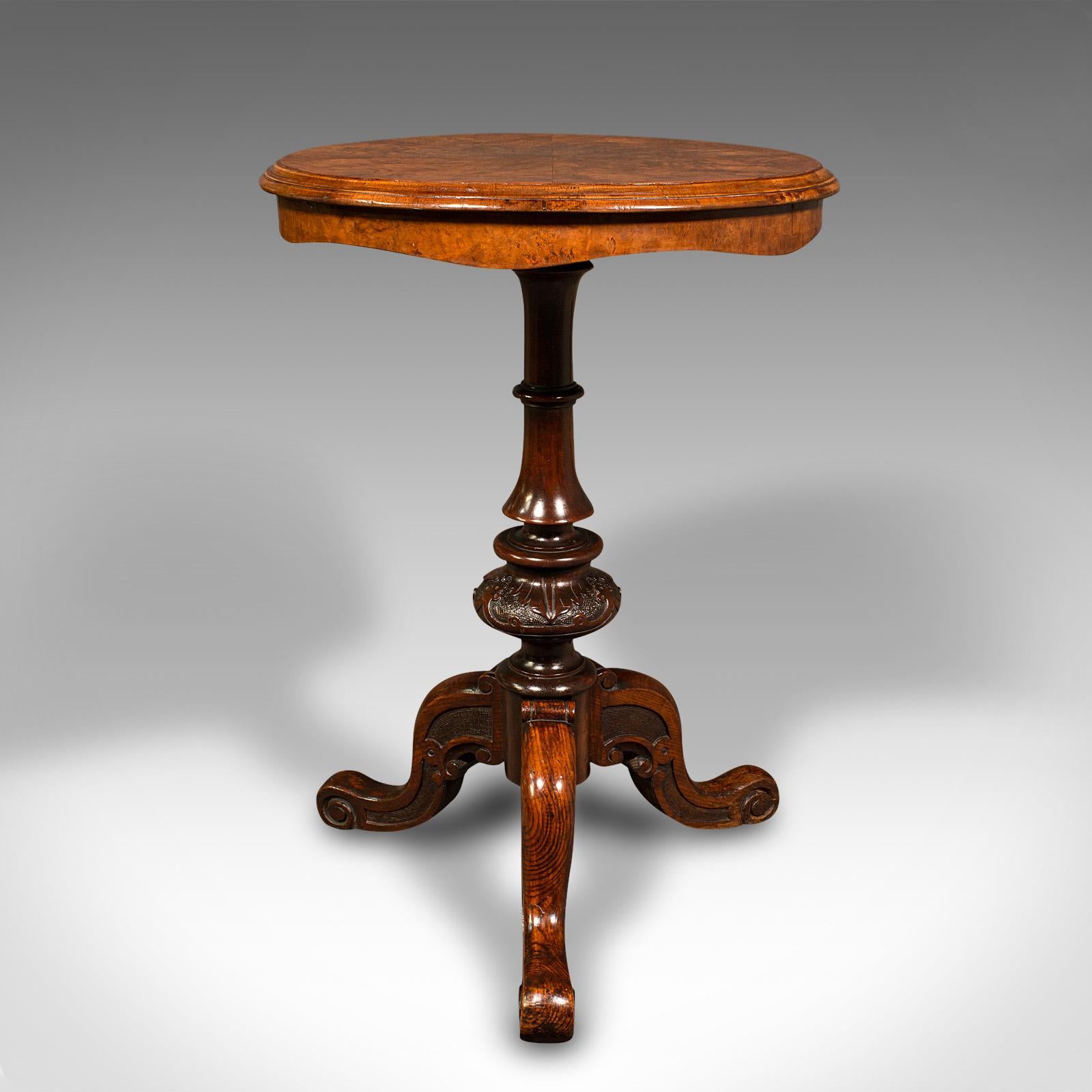 19th Century Antique Lamp Table, English Burr Walnut, Decorative, Occasional, Early Victorian For Sale