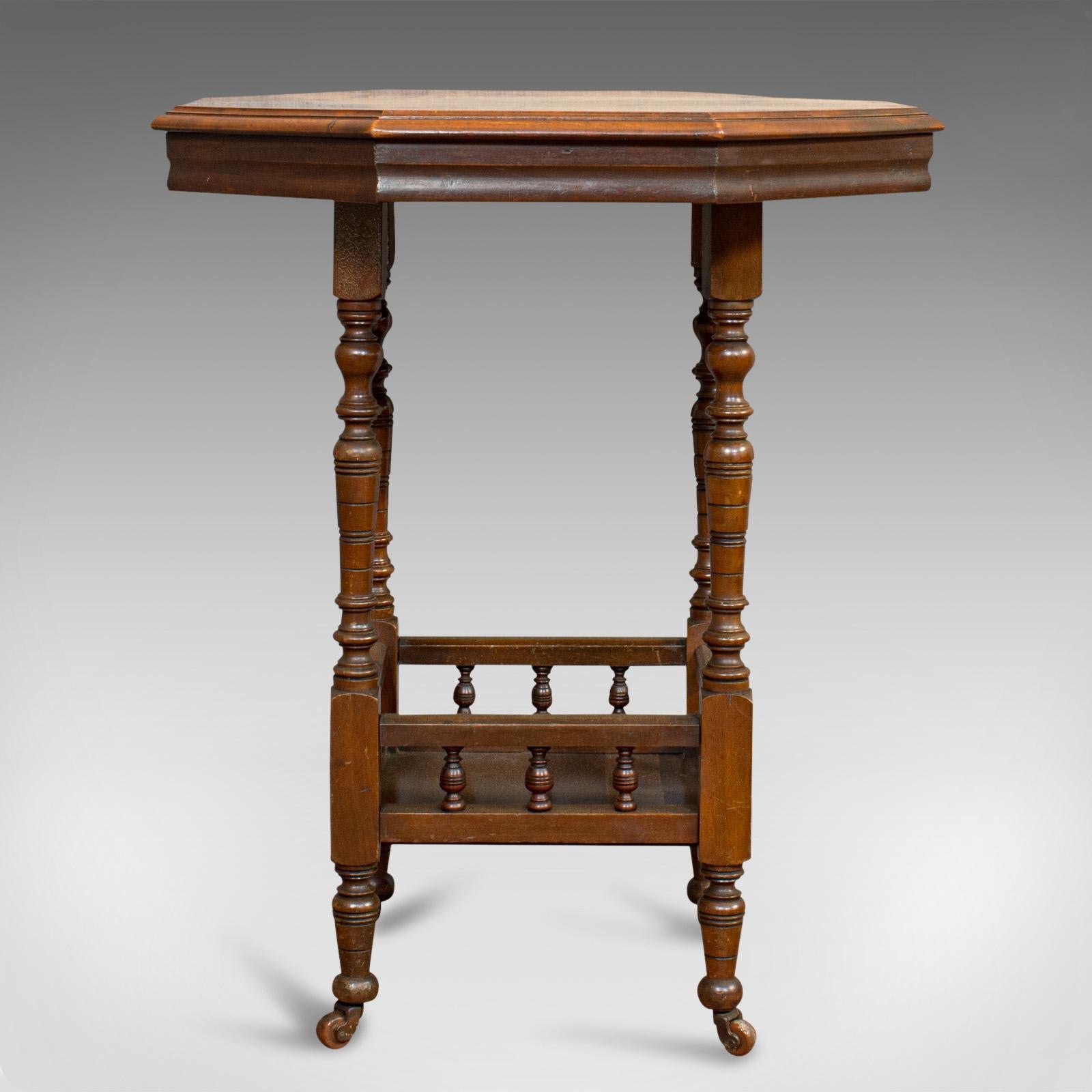 This is an antique lamp table. An English, walnut octagonal side or games table, dating to the Edwardian period, circa 1910.

Fine Edwardian style
Displays a desirable aged patina
Select walnut with fine grain interest
Rich, consistent hues to