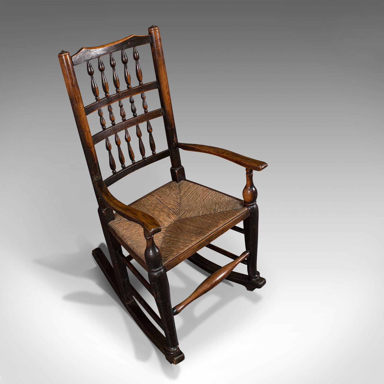 18th Century Antique Lancashire Rocking Chair, English, Ash, Spindle Back, Seat, Georgian
