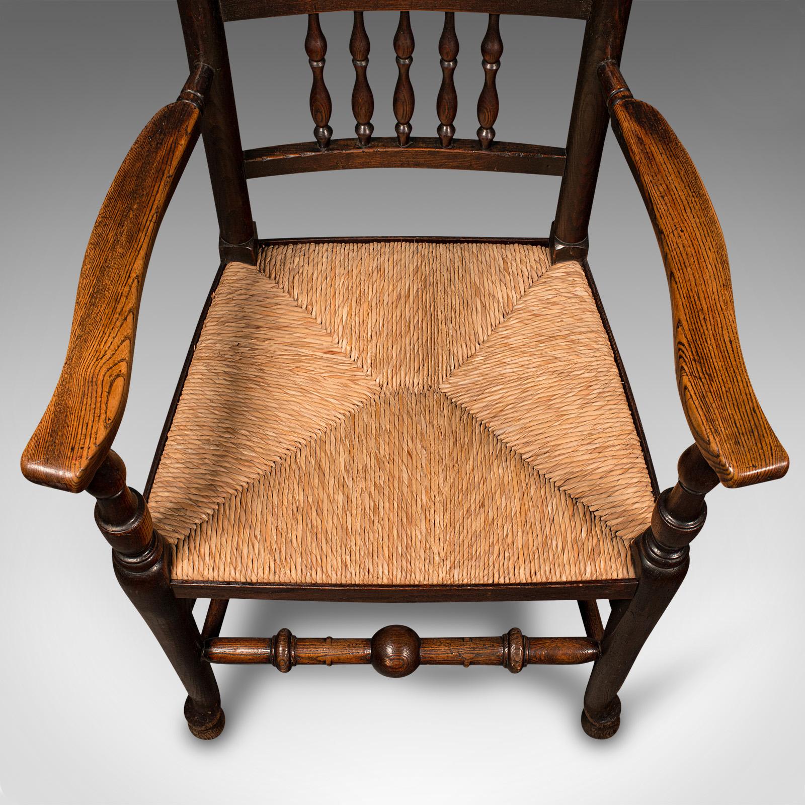 Antique Lancashire Spindle Back Elbow Chair, English Oak, Hall Carver, Victorian 5