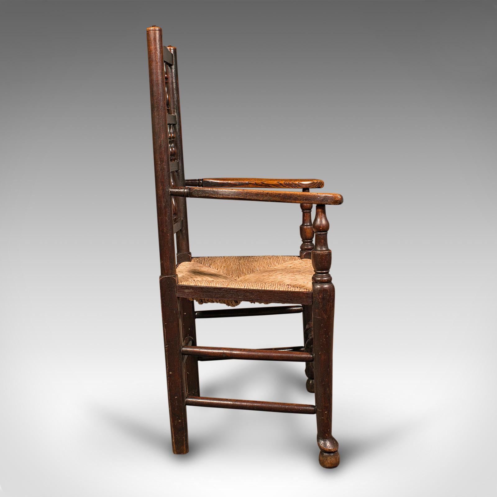 British Antique Lancashire Spindle Back Elbow Chair, English Oak, Hall Carver, Victorian
