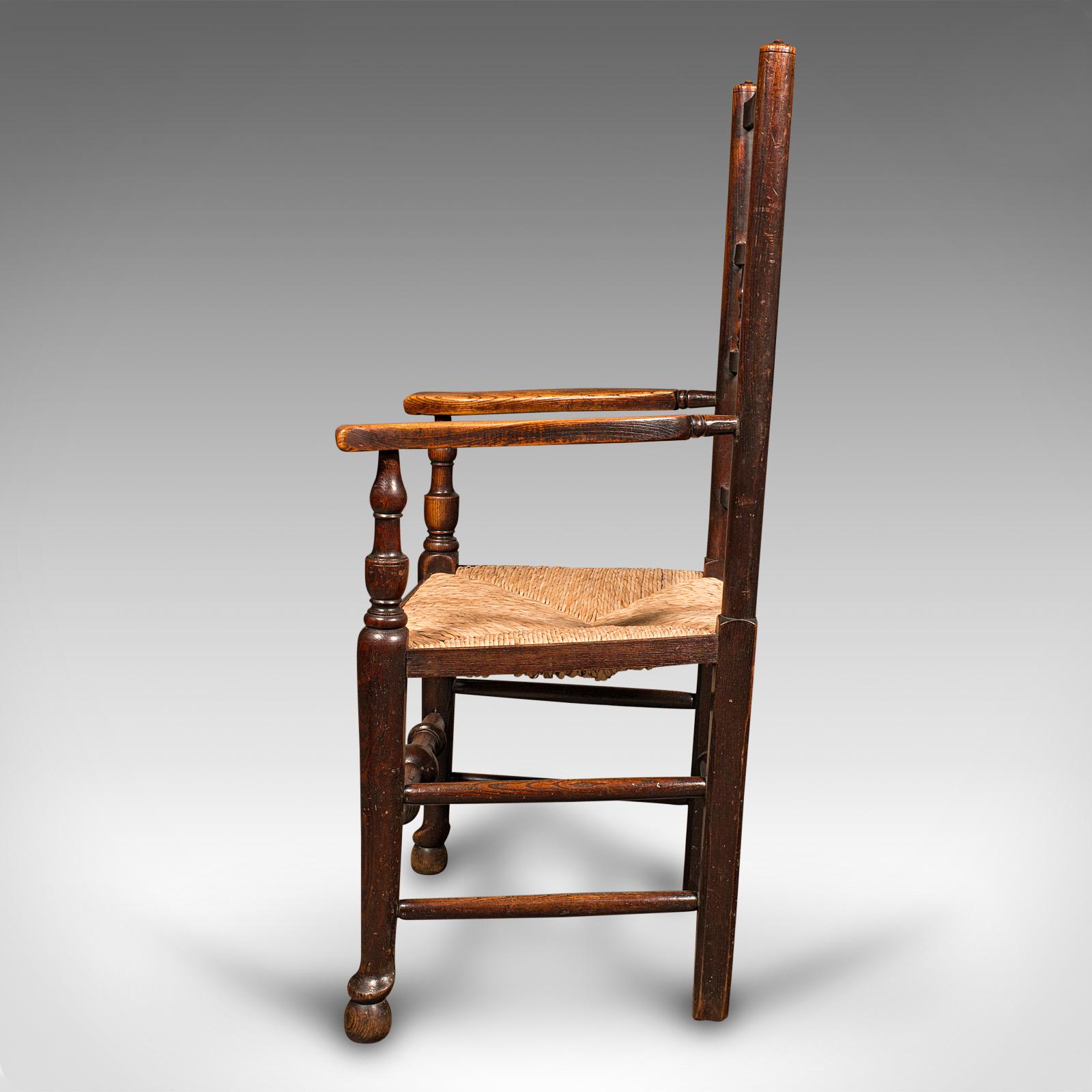 Antique Lancashire Spindle Back Elbow Chair, English Oak, Hall Carver, Victorian In Good Condition In Hele, Devon, GB