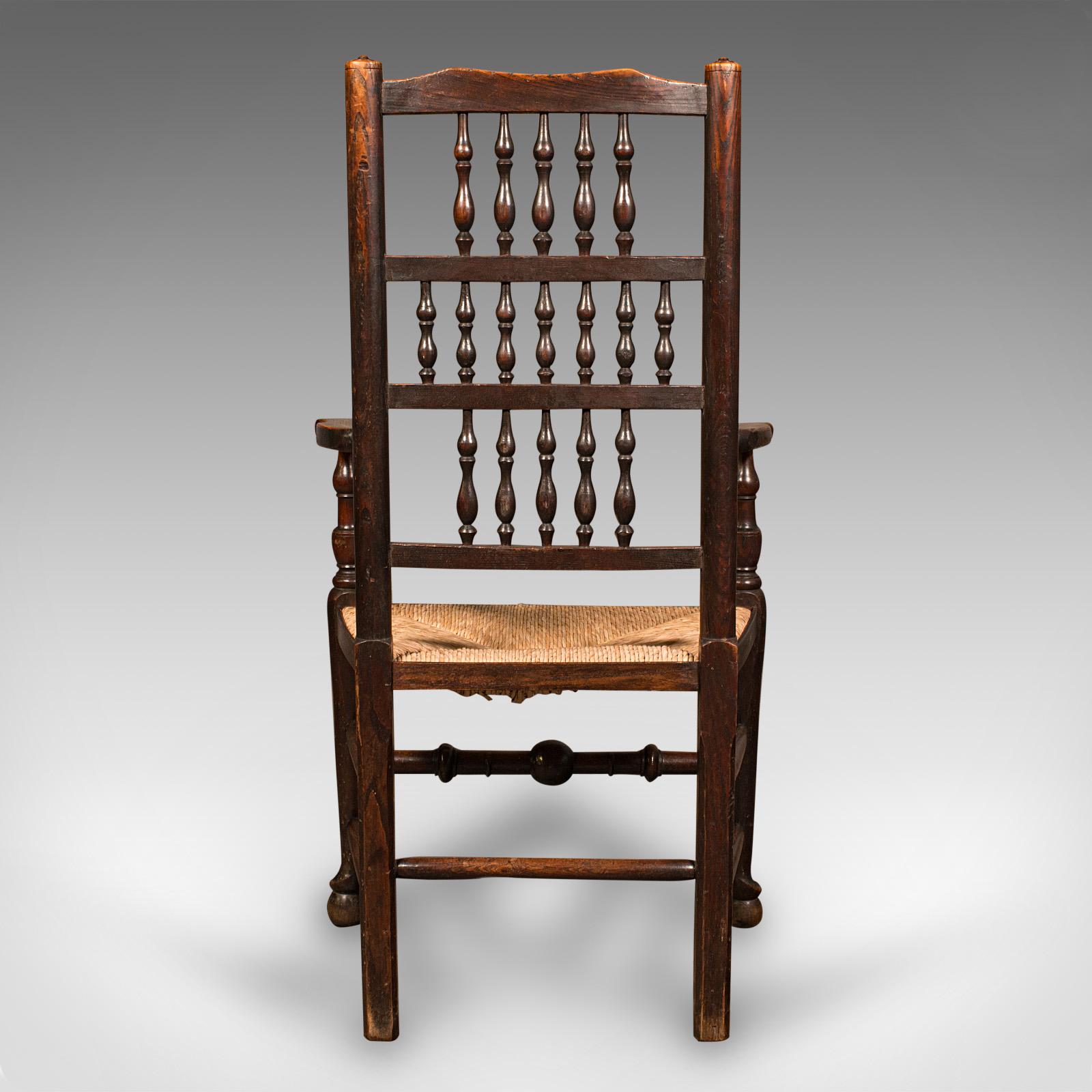 19th Century Antique Lancashire Spindle Back Elbow Chair, English Oak, Hall Carver, Victorian