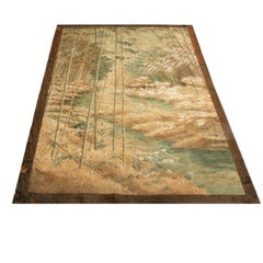 Antique Landscape Beige-Brown and Blue Floral Silk Tapestry
