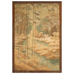 Antique Landscape Beige-Brown and Blue Floral Silk Tapestry