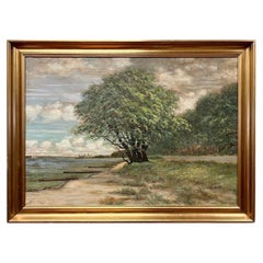 Antique Landscape Large Oil Tree on River Painting Signed 1946 Carl Bosenvang