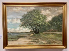 Antique Landscape Large Oil Tree on River Painting Signed 1946 Carl Bosenvang