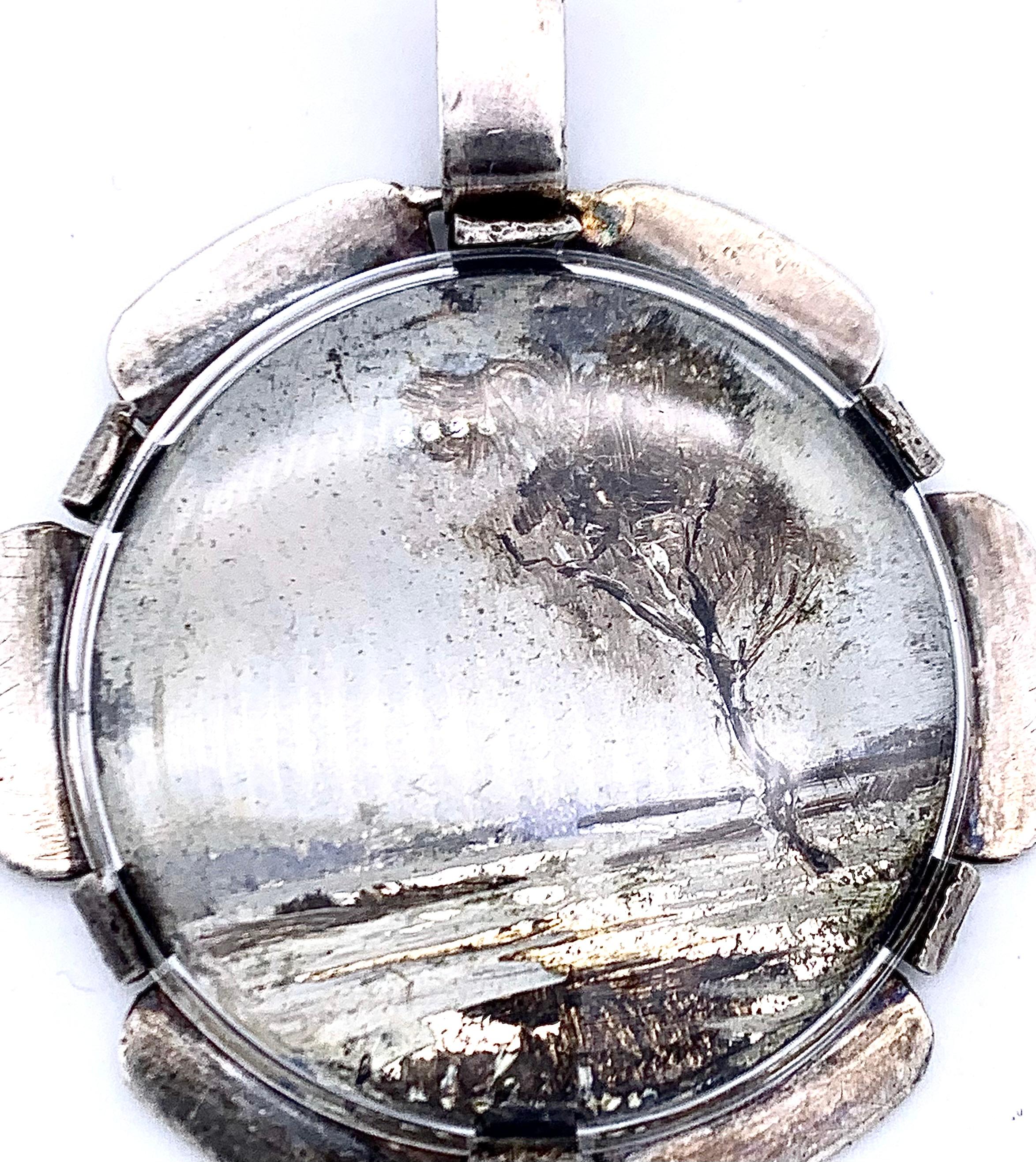 Collier pendentif ancien avec cadre en argent et aquarelle « Landscape Miniature I » représentant un paysage peint Bon état - En vente à Munich, Bavaria