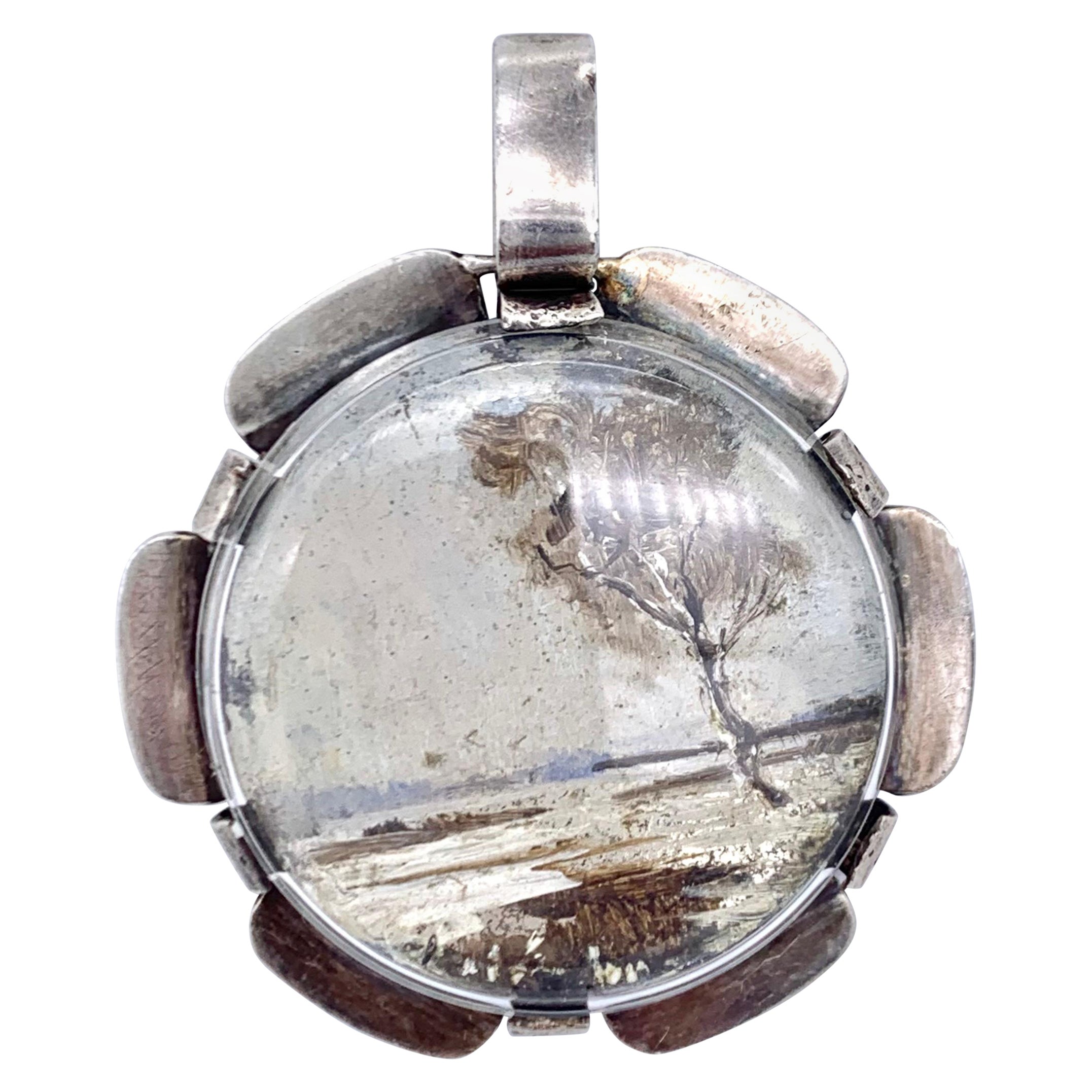 Antike Landschaft Miniatur I Gemälde Aquarell Silber Rahmen Anhänger Halskette im Angebot