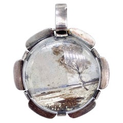 Antique Landscape Miniature I Painting Watercolour Silver Frame Pendant Necklace