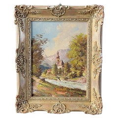 Antique Landscape Mountain Nature Church Painting by Josef Schwarzfischer