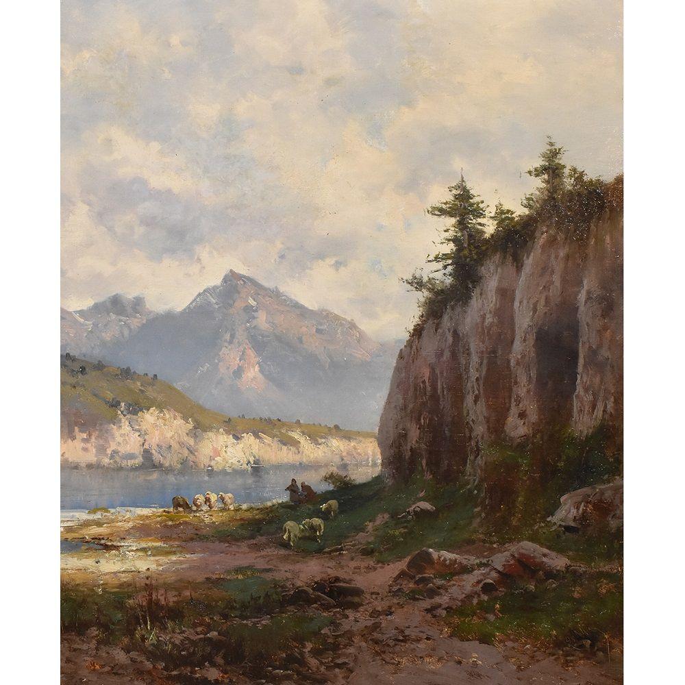
Si tratta di un dipinto di un paesaggio montano con pecore e pastori. Antico dipinto a olio su tela. XIX secolo.
Questo dipinto a olio su tela ha una cornice originale in foglia d'oro realizzata nel 1800.

Quest'opera d'arte paesaggistica del