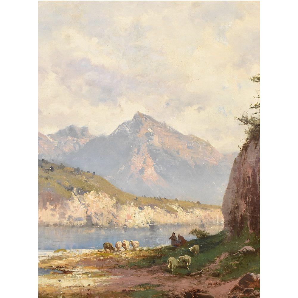 Napoléon III Peinture ancienne de paysage de montagne, moutons et bergers, huile sur toile, XIXe siècle en vente