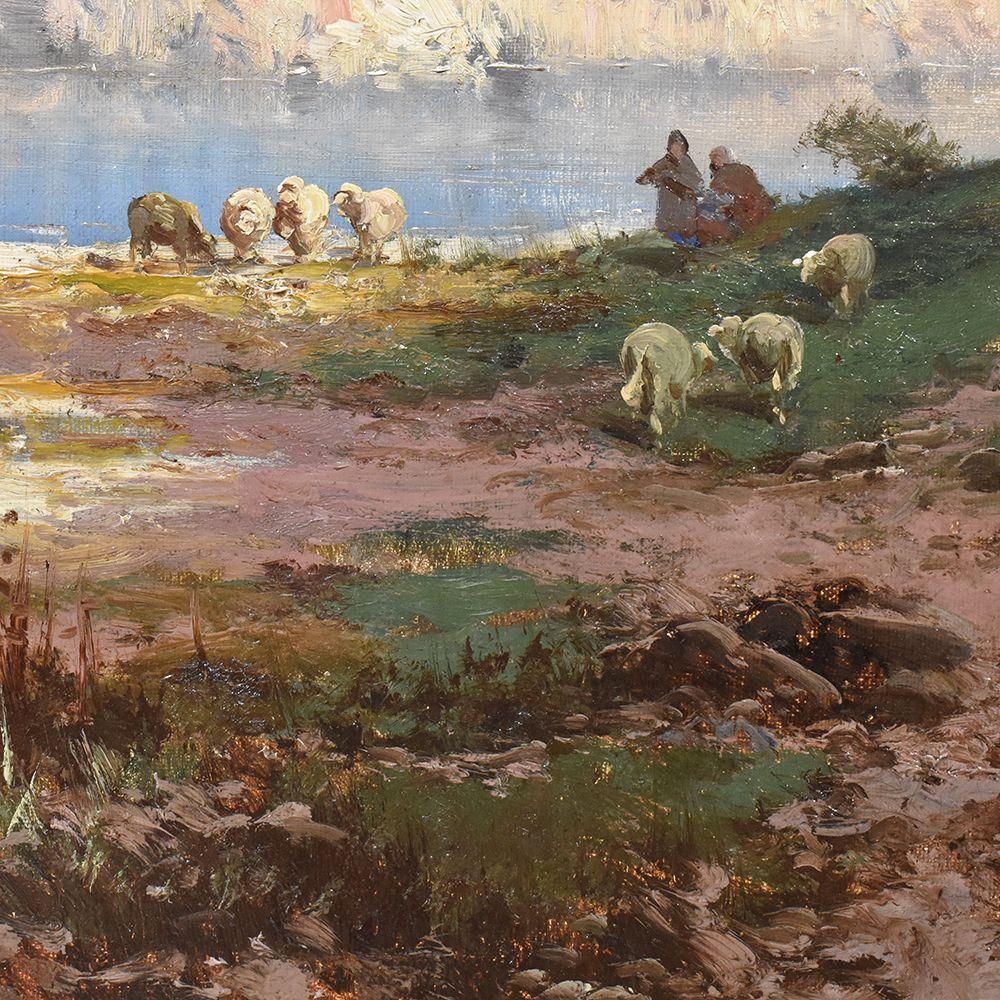 Français Peinture ancienne de paysage de montagne, moutons et bergers, huile sur toile, XIXe siècle en vente