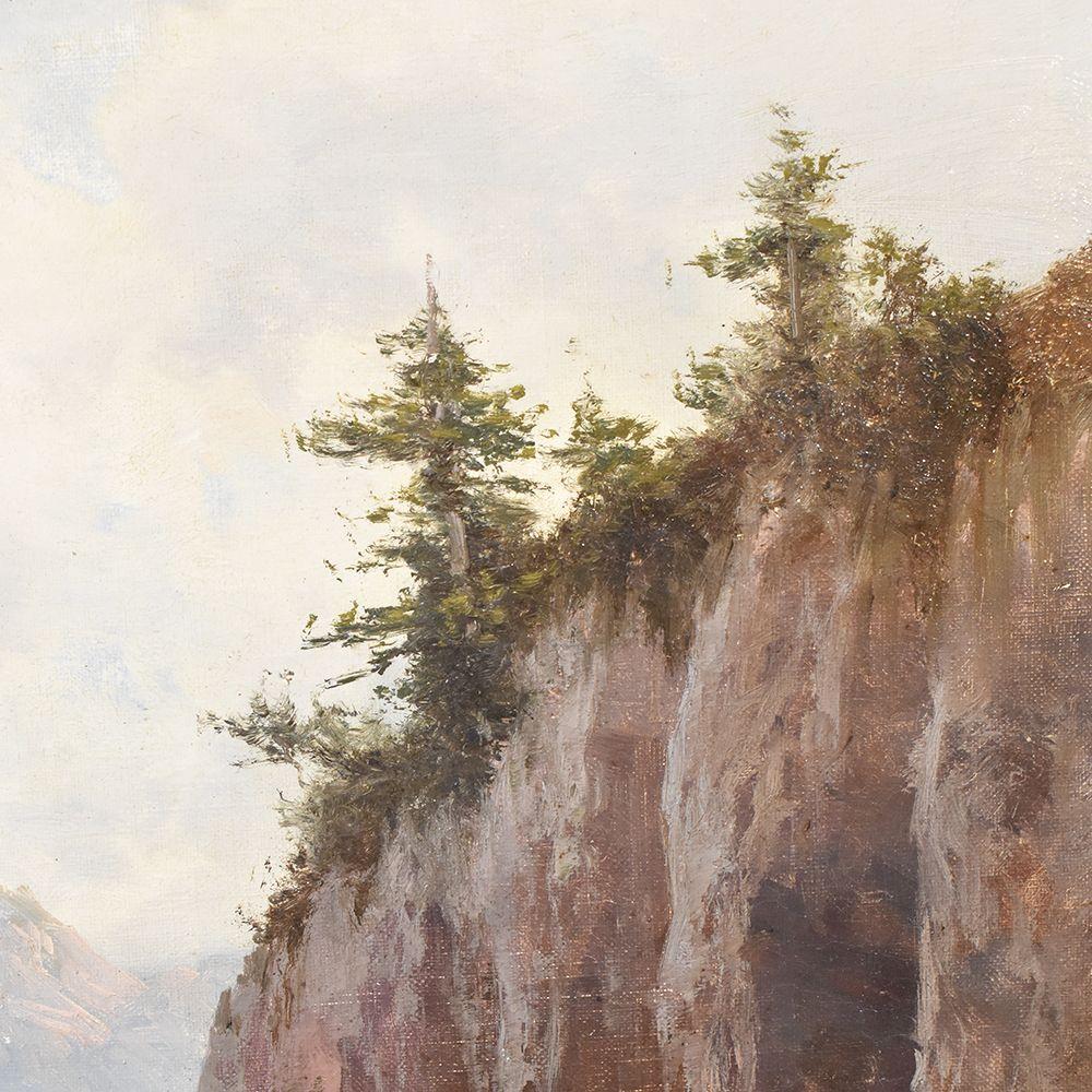 Dipinto Antico dipinto di paesaggio montano, pecore e pastori, olio su tela, XIX in vendita