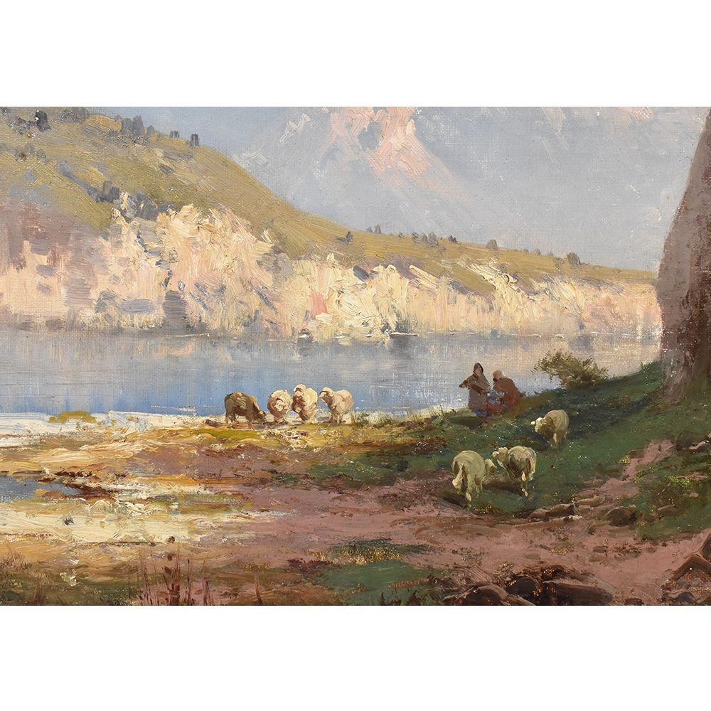 Toile Peinture ancienne de paysage de montagne, moutons et bergers, huile sur toile, XIXe siècle en vente