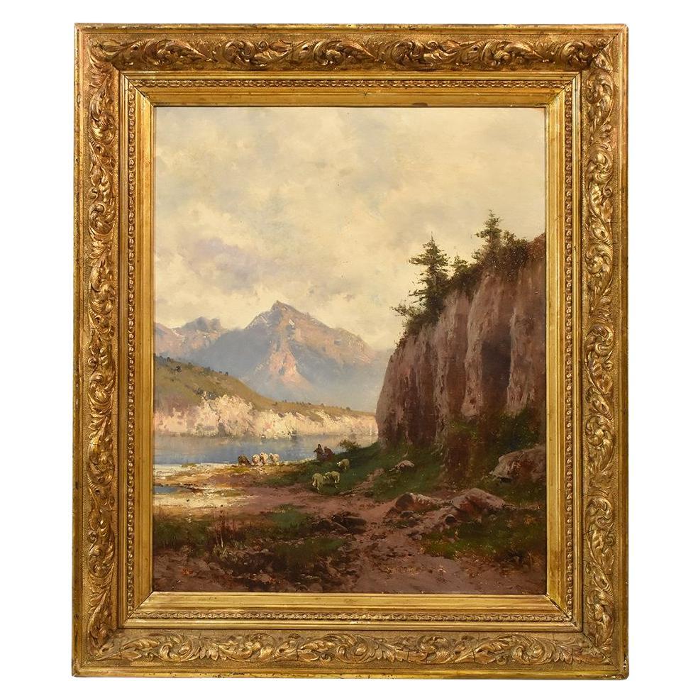 Peinture ancienne de paysage de montagne, moutons et bergers, huile sur toile, XIXe siècle