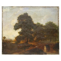 Antique Landscape Oil on Canvas River Scene with Bridge, circa 1900