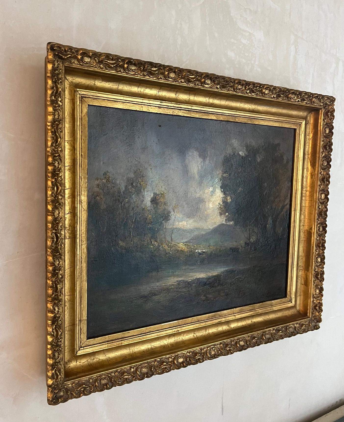Antique landscape oil painting by James Martin Griffin painted around 1900. The painting shows cows in the forefront with dark clouds with clear skies coming through in the distance. The painting is somewhat dark and the signature is hard to see but