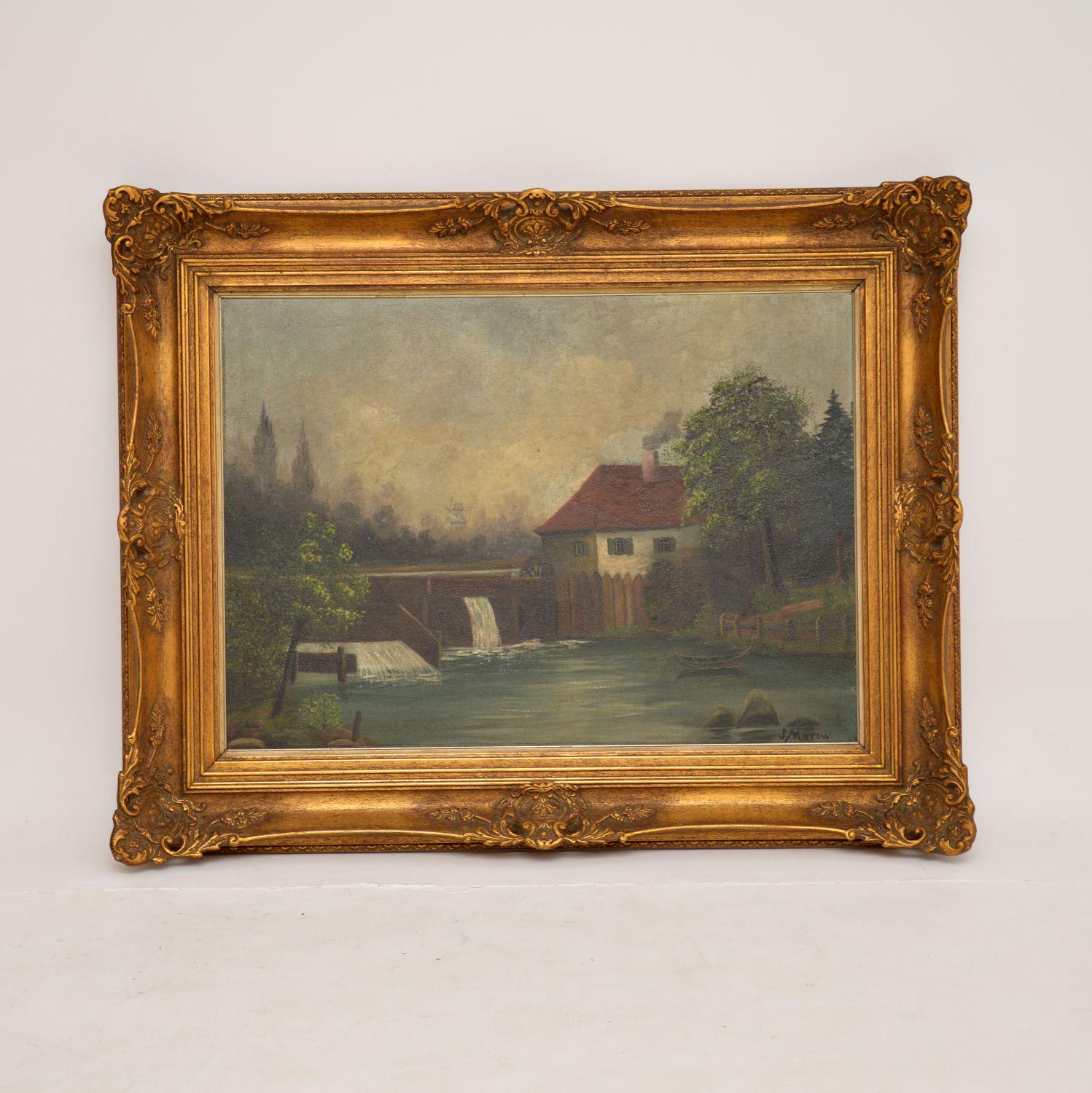 A beautiful, large and impressive antique landscape oil painting, this dates from around the 19th century.

It depicts a lovely countryside scene of a water mill. It is very well executed, with lovely details and gorgeous, subtle colour tones.

It