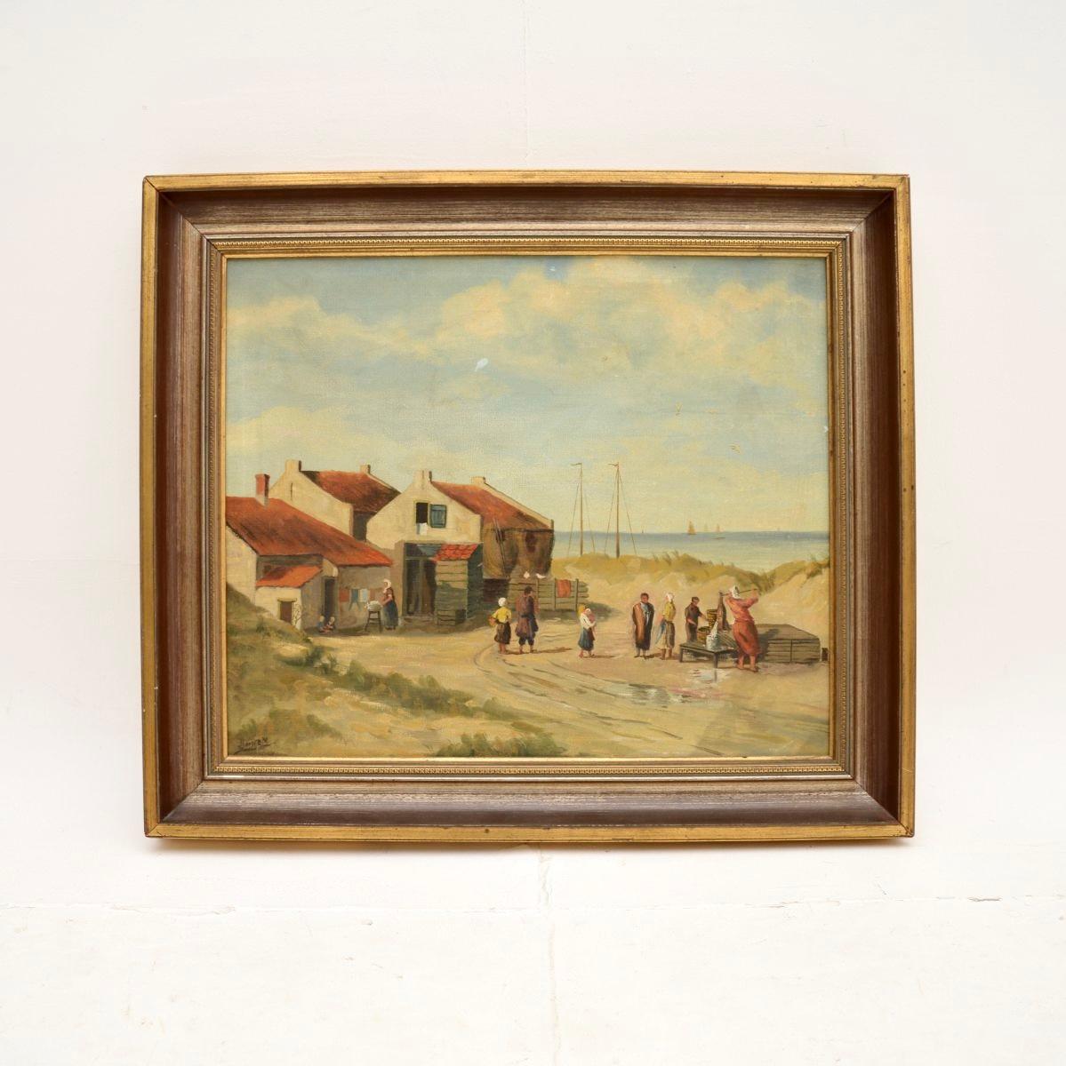 A beautiful framed antique landscape oil painting. This is most likely English, dating from around the 1930’s.

It is wonderfully executed and has a lovely subject, depicting a sea side village scene. The artists signature is seen in the lower