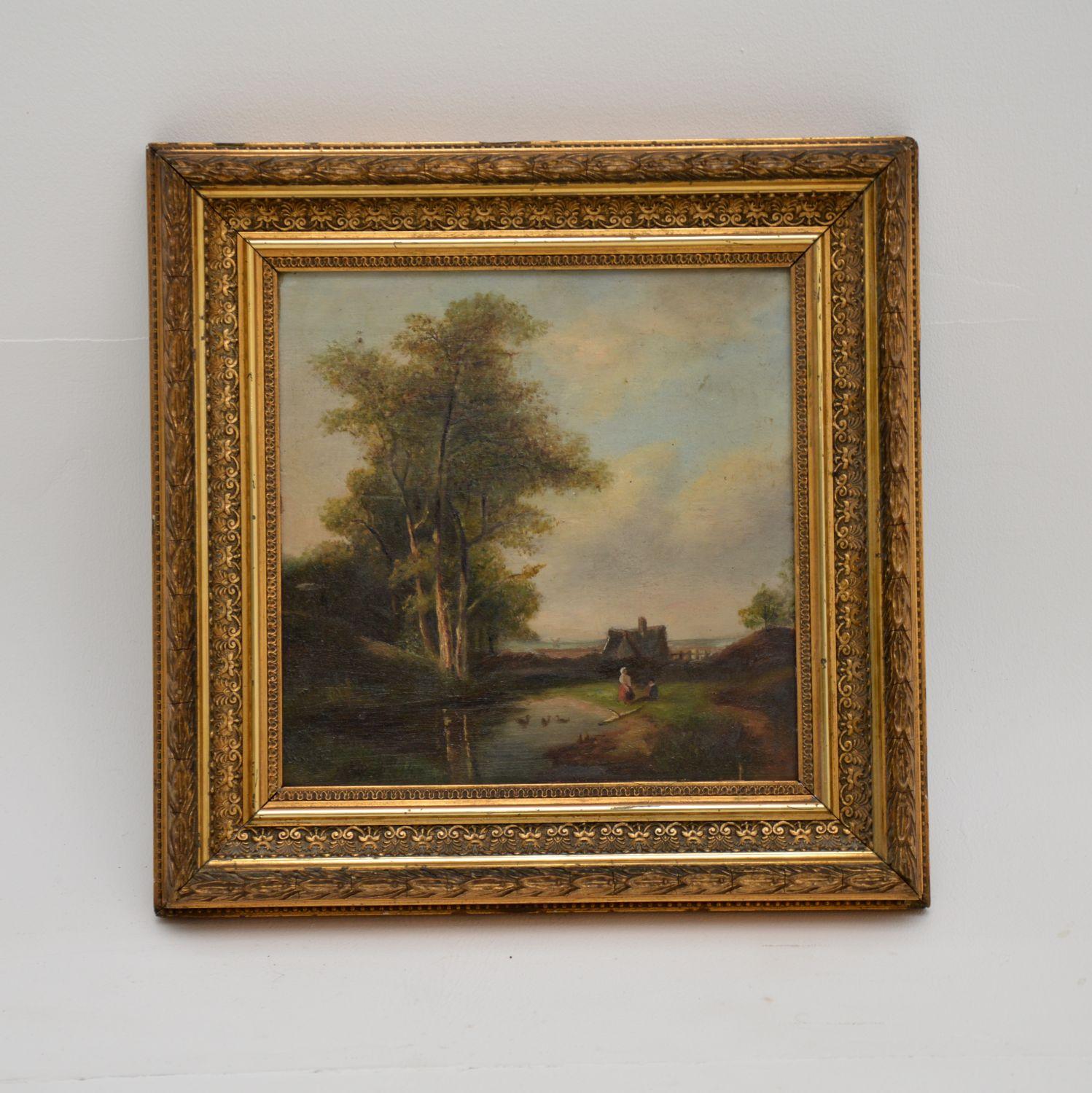 A small antique oil painting of a countryside landscape, in a stunning gilt wood frame. This dates from the 19th century.

It appears to be unsigned, but is beautifully executed. It is in very good condition, with just some light surface