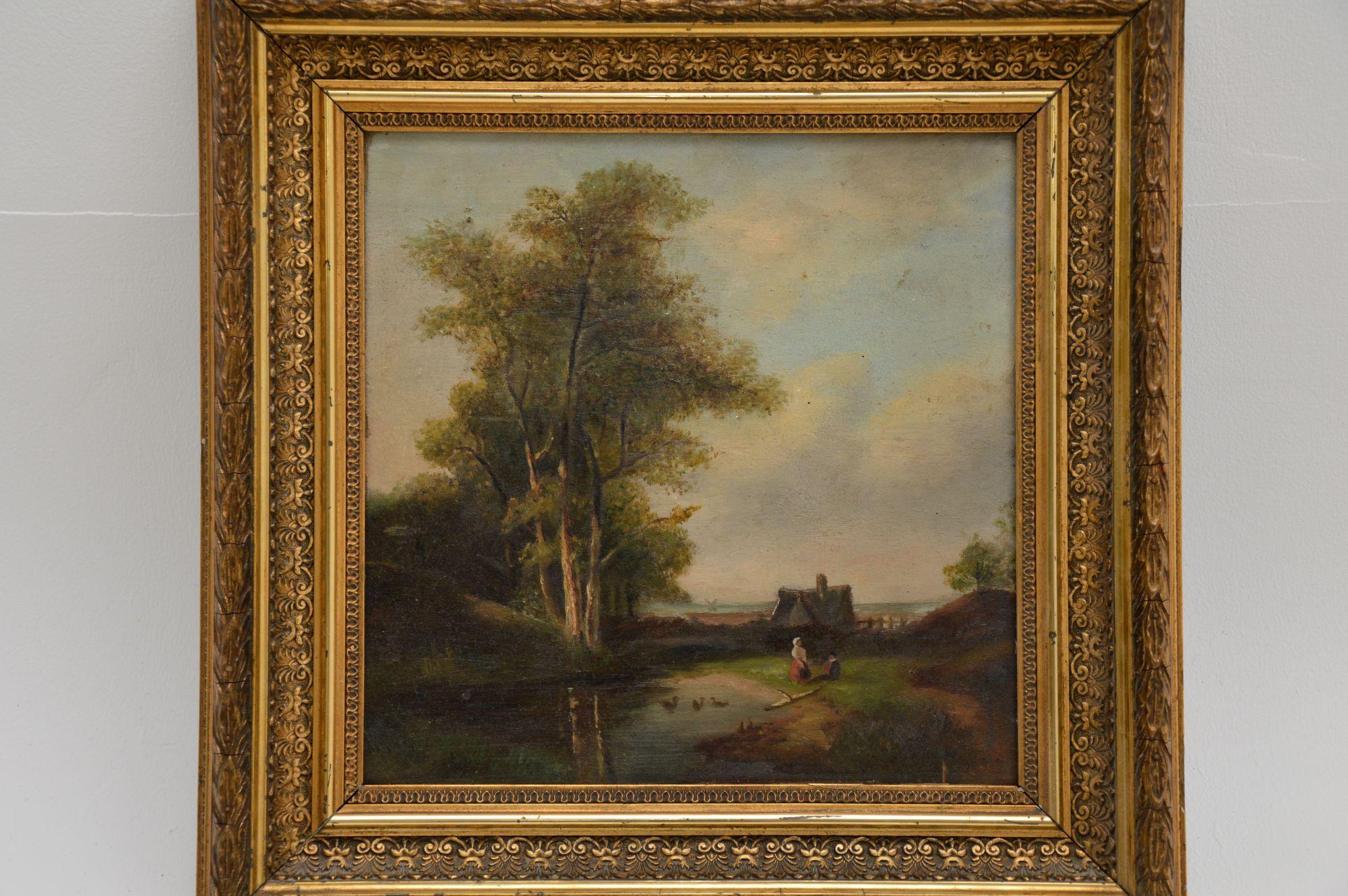 German Antique Landscape Oil Painting in Gilt Wood Frame
