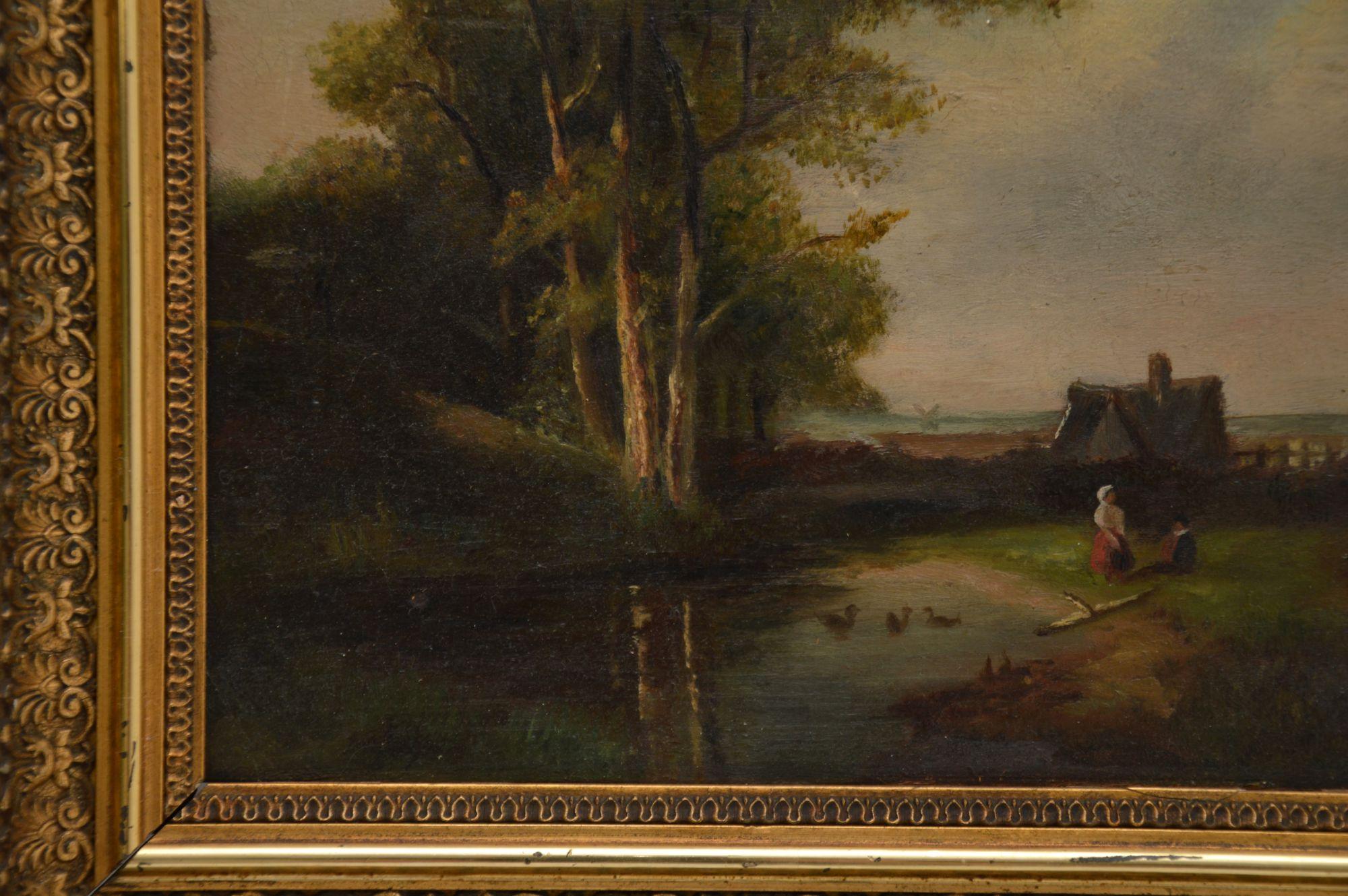 Late 19th Century Antique Landscape Oil Painting in Gilt Wood Frame
