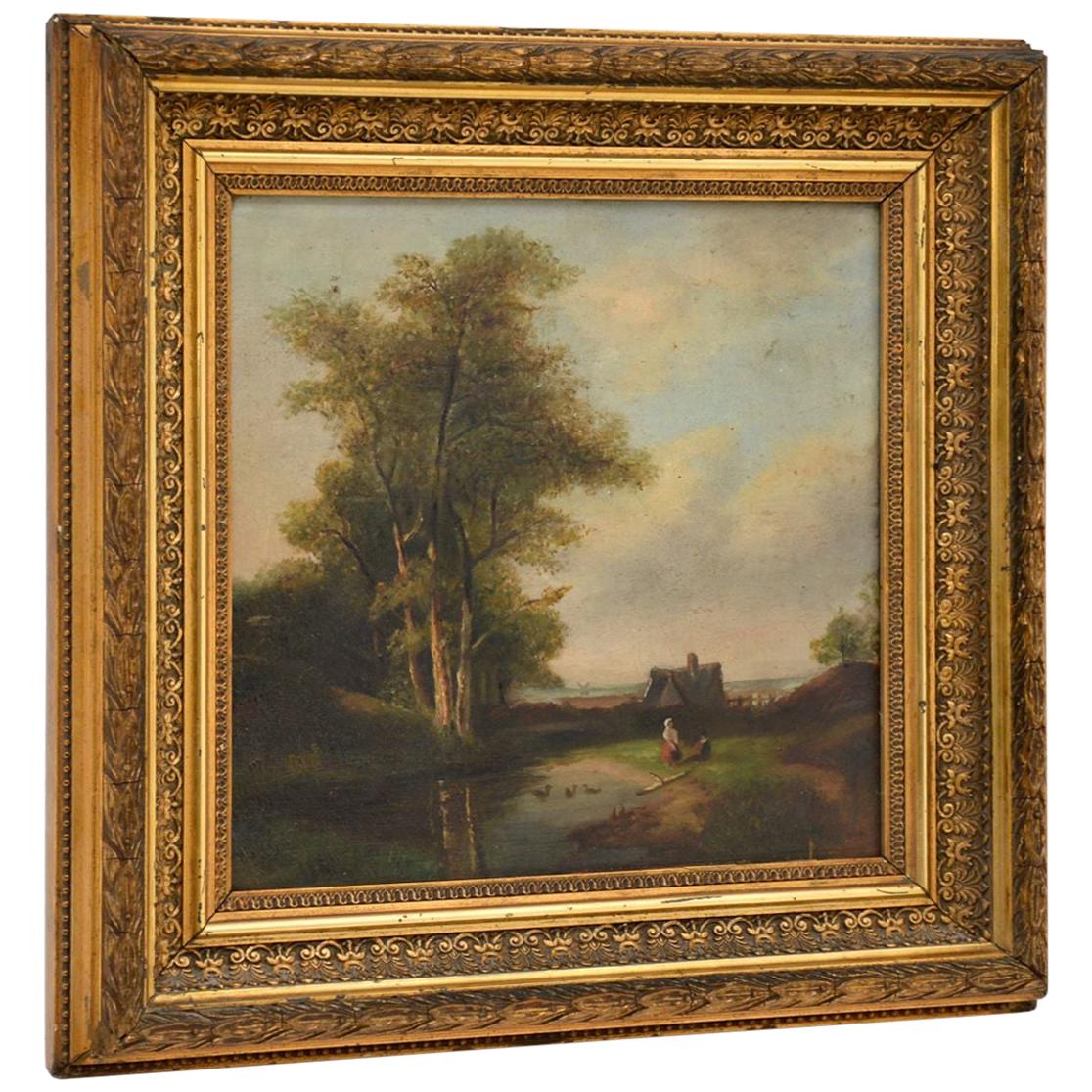 Antique Landscape Oil Painting in Gilt Wood Frame