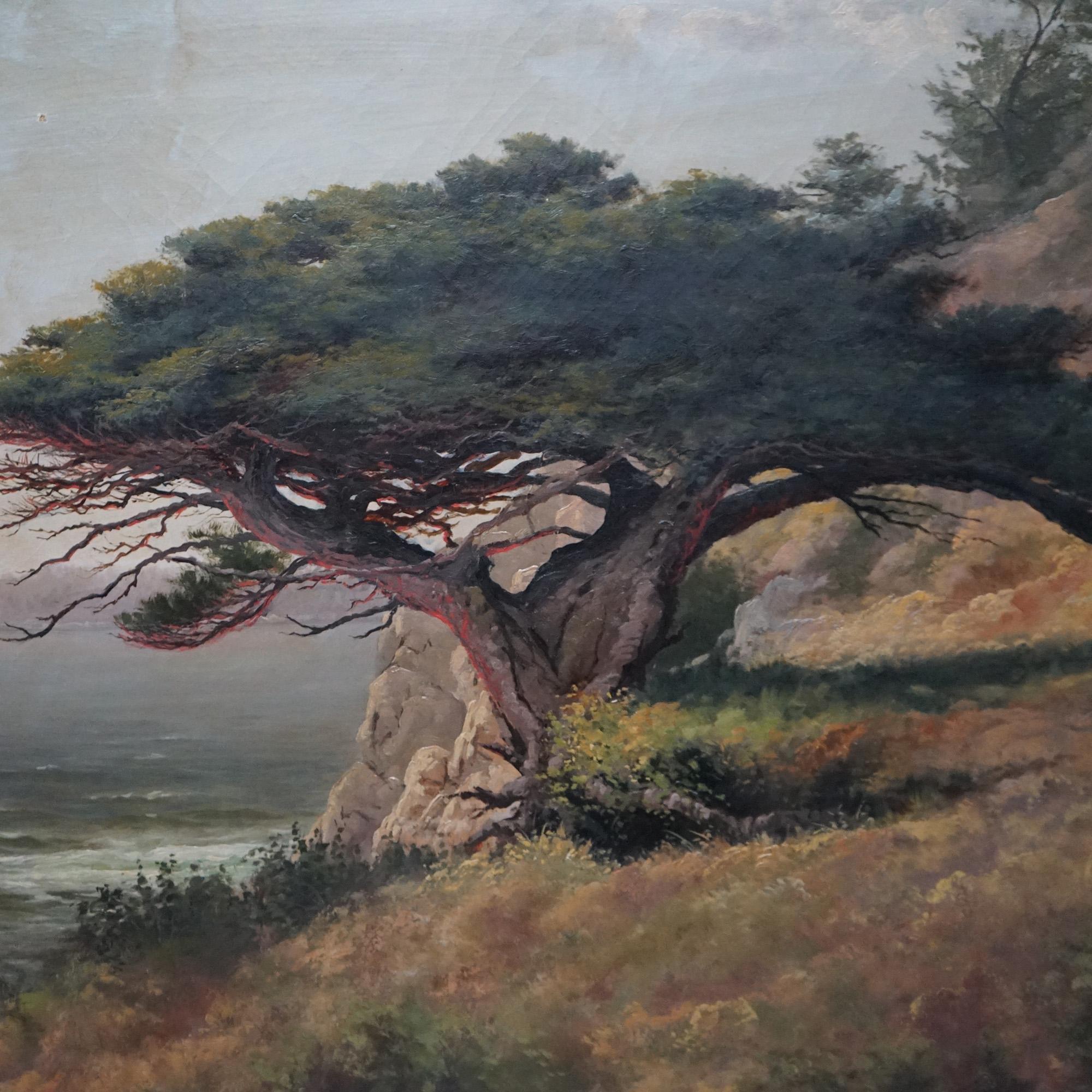 An antique landscape painting by FL Heath offers oil on canvas depiction of Pebble Beach with tree overlooking shoreline, artist signed lower right, seated in giltwood frame, 19th century
 
Measures - overall 36''H x 45.75''W x 3.5''D; sight 36'' x