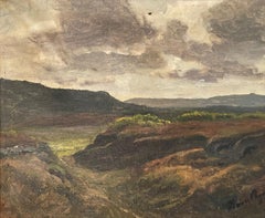 Antico paesaggio dipinto a olio con colline rocciose e un cielo drammatico coperto da nuvole