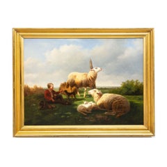 Antique Landscape Oil Painting of Sheep by Lauren de Beul circa 1864