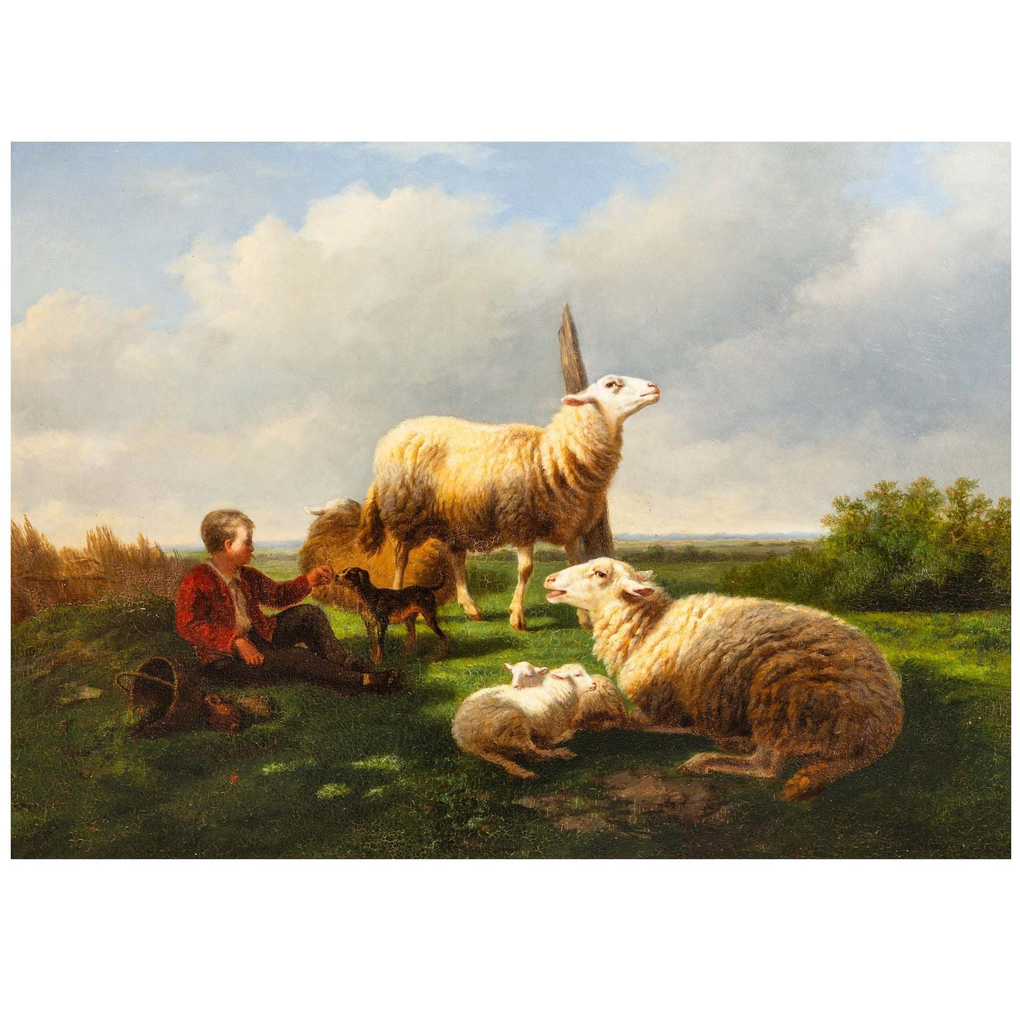 Antique Landscape Oil Painting of Sheep by Lauren de Beul circa 1864
