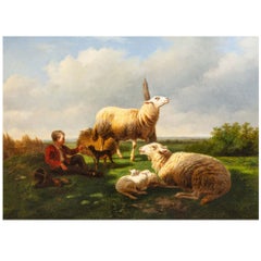 Antique Landscape Oil Painting of Sheep by Lauren de Beul circa 1864